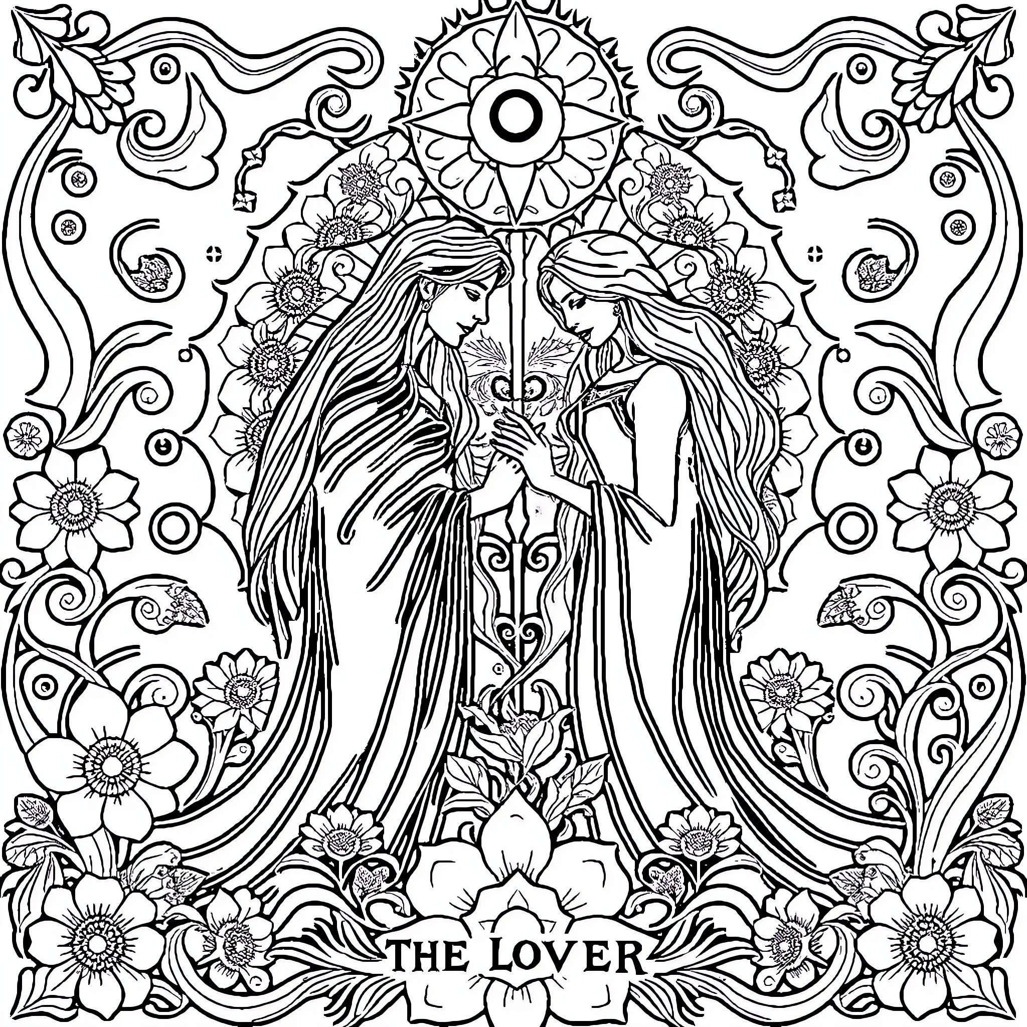 Lovers intertwined in floral, celestial embrace Coloring Page (free black-and-white line drawing printable PDF for all, from beginners to advanced learners, including children, teens, adults, and seniors)