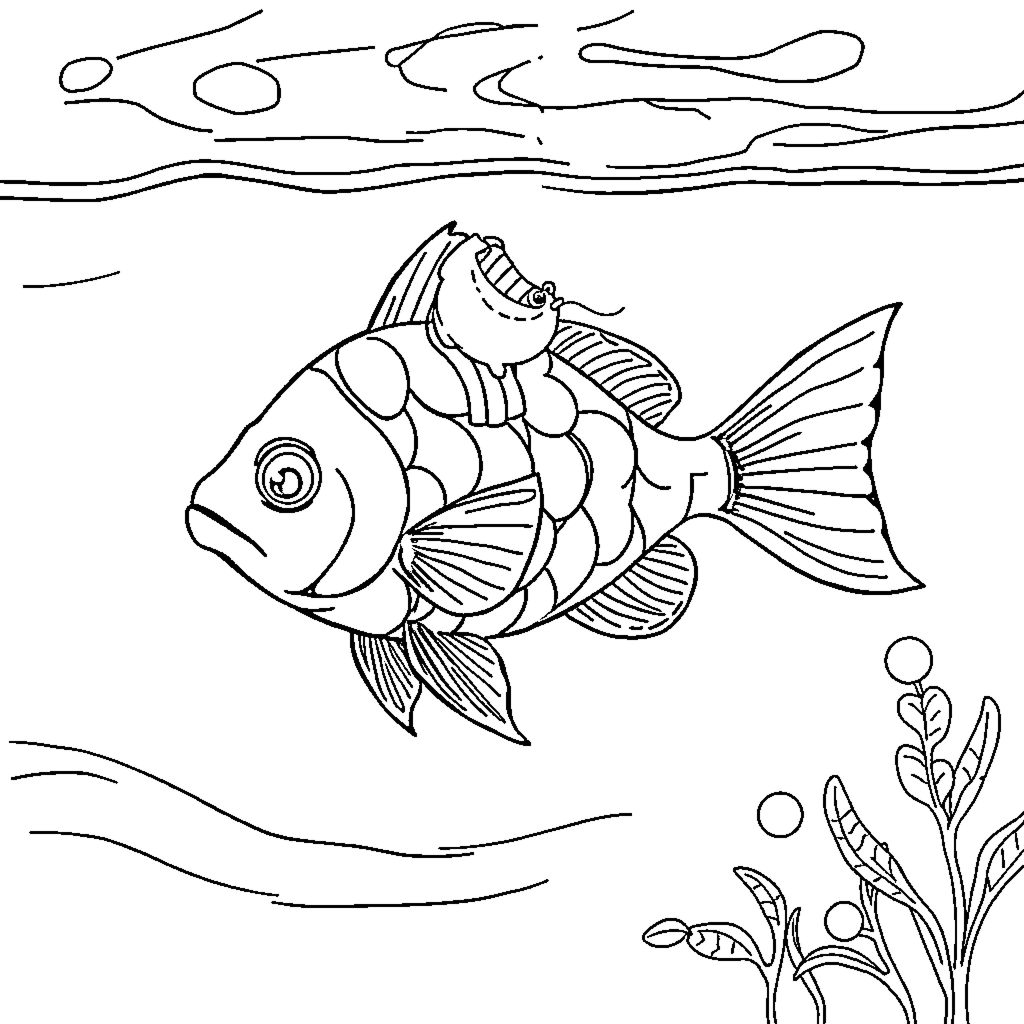 Chat with a Whimsical Fish in the Sea Coloring Page (free black-and-white line drawing printable PDF for all, from beginners to advanced learners, including children, teens, adults, and seniors)
