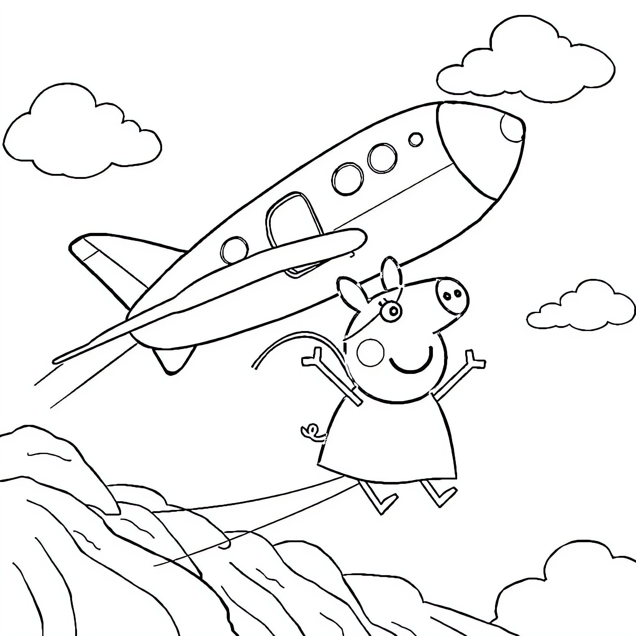 Airoman plays near a flying airplane in the sky Coloring Page (free black-and-white line drawing printable PDF for all, from beginners to advanced learners, including children, teens, adults, and seniors)