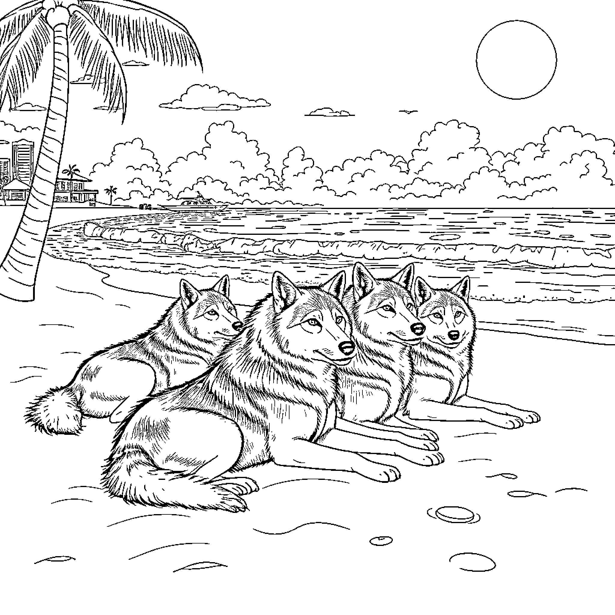 Wolf pack resting on beach under palm trees Coloring Page (free black-and-white line drawing printable PDF for all, from beginners to advanced learners, including children, teens, adults, and seniors)