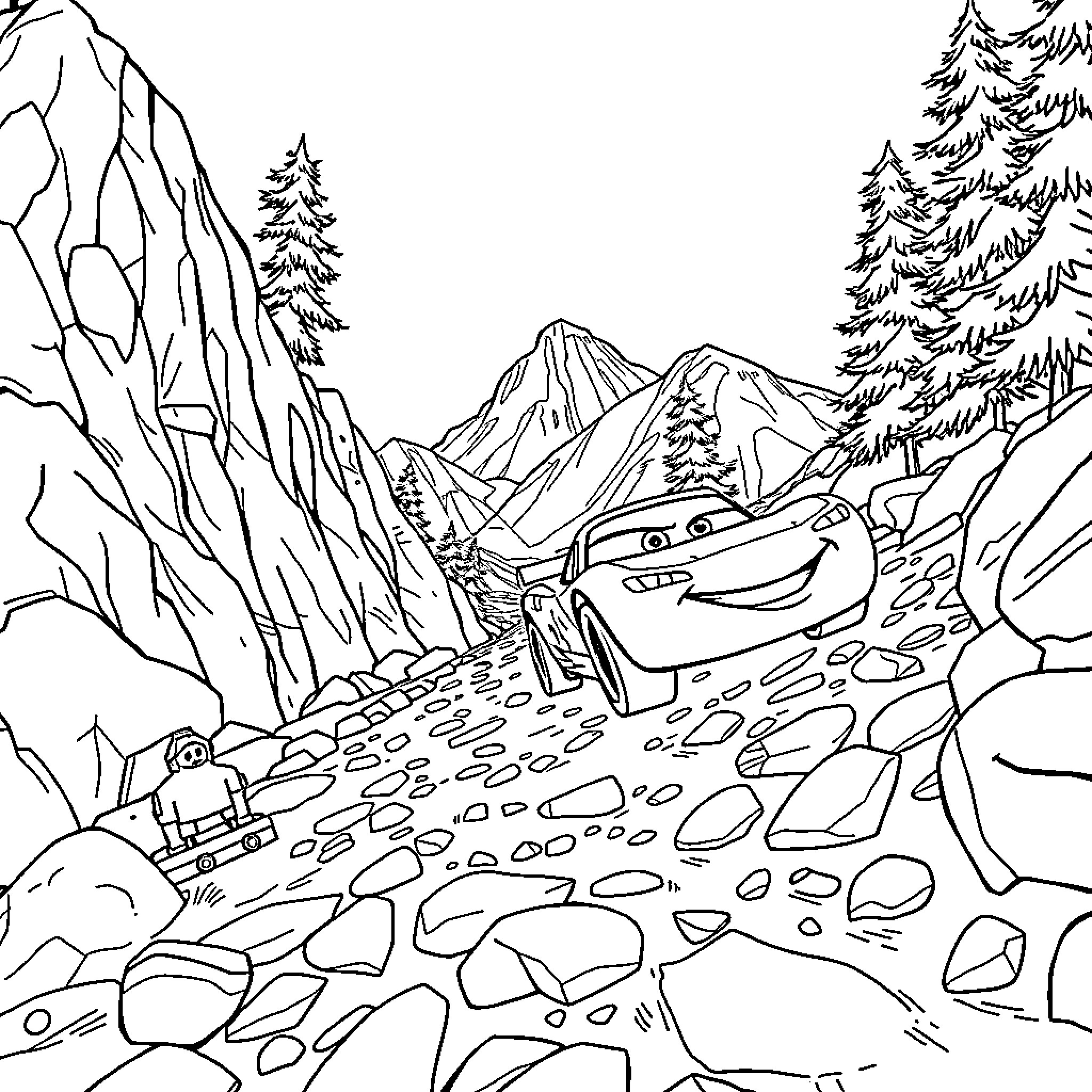 Lightning McQueen traversing a rugged mountain trail Coloring Page (free black-and-white line drawing printable PDF for all, from beginners to advanced learners, including children, teens, adults, and seniors)