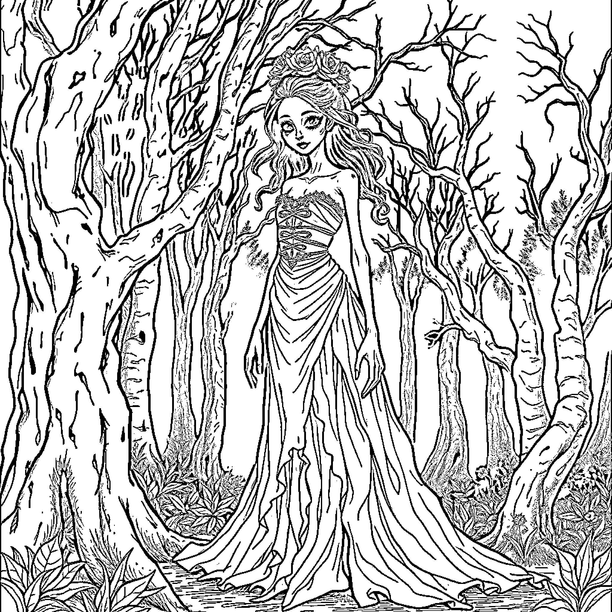 Corpse Bride in Enchanted Forest Coloring Page (free black-and-white line drawing printable PDF for all, from beginners to advanced learners, including children, teens, adults, and seniors)