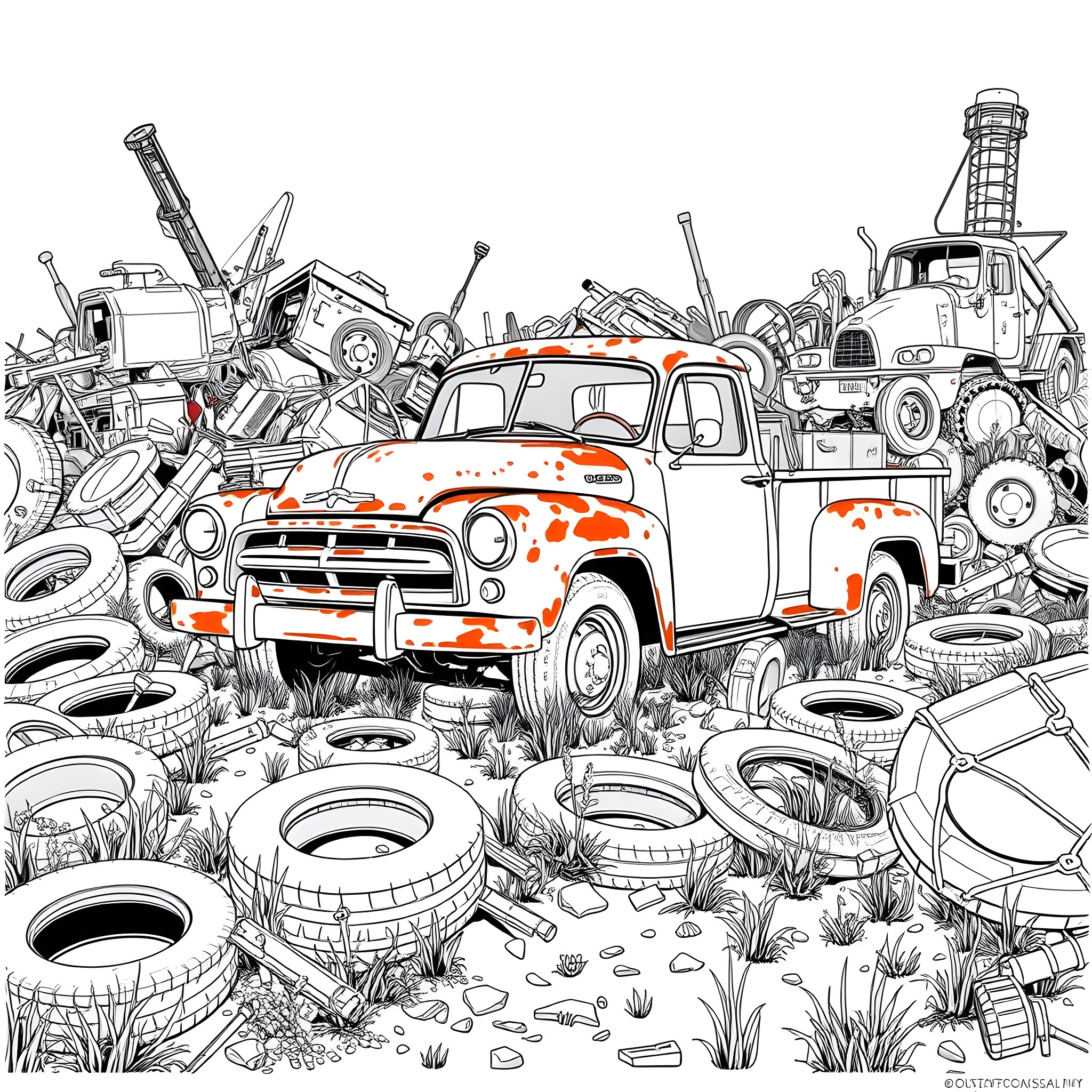 Pickup truck amid junkyard of discarded items Coloring Page (free black-and-white line drawing printable PDF for all, from beginners to advanced learners, including children, teens, adults, and seniors)