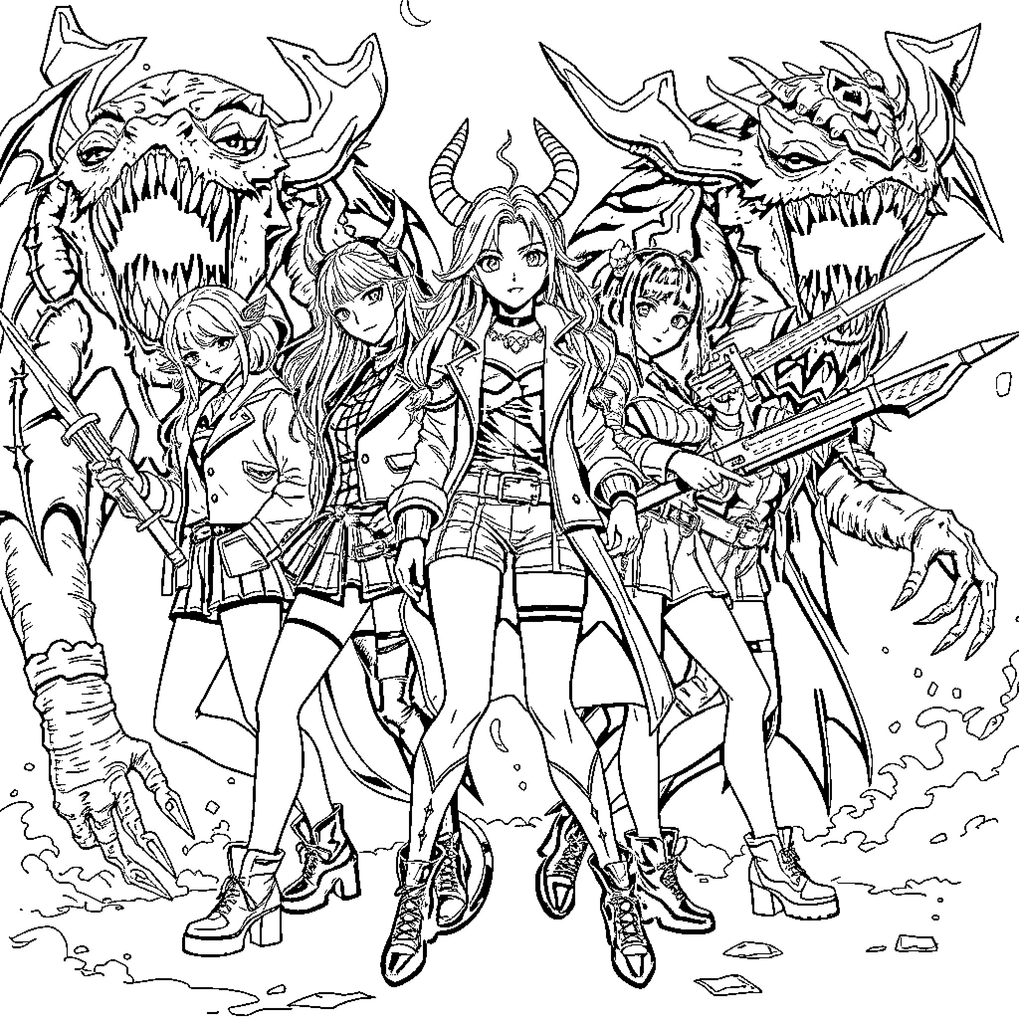 Zoey and her Magical Companions Coloring Page (free black-and-white line drawing printable PDF for all, from beginners to advanced learners, including children, teens, adults, and seniors)