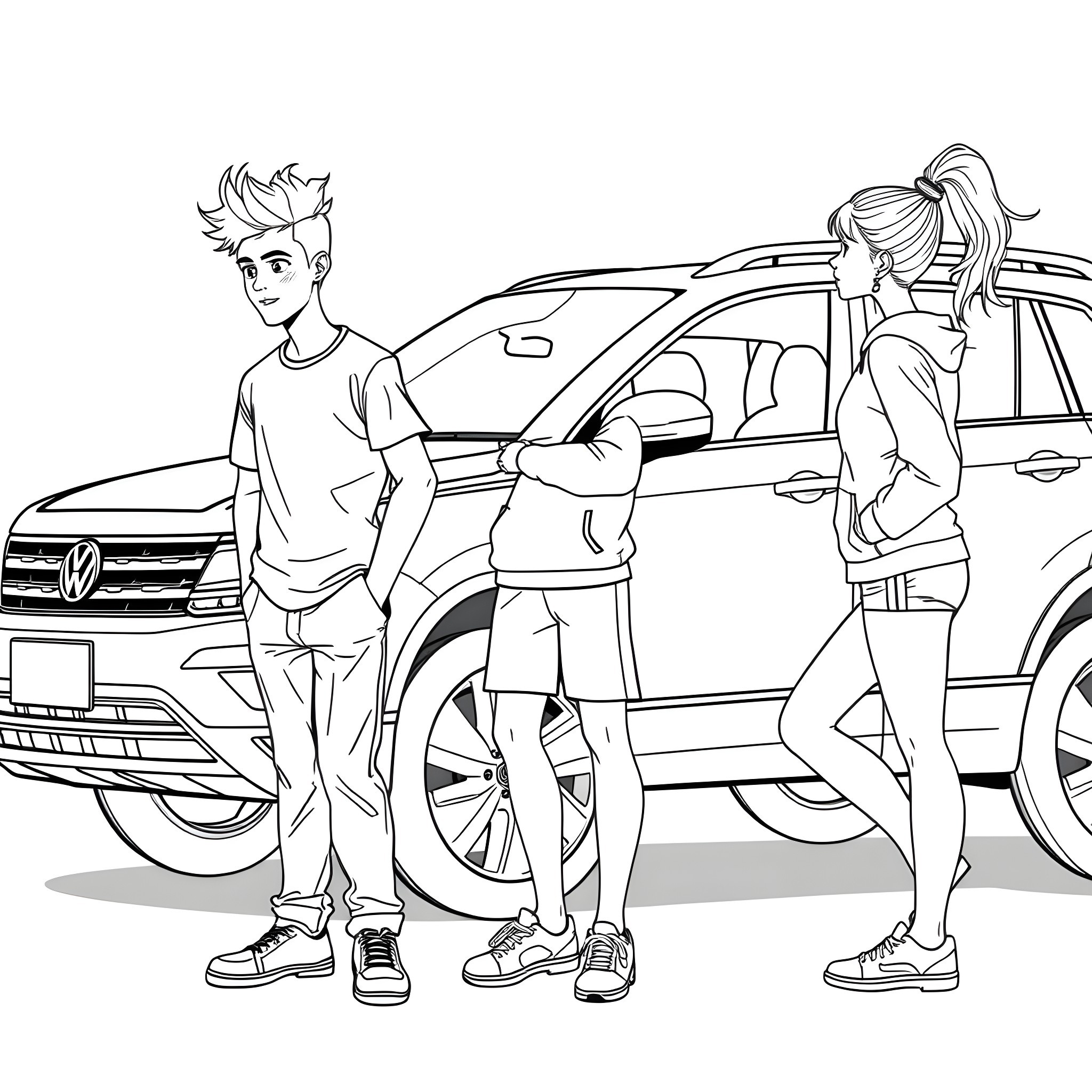Teen friends by stylish car Coloring Page (free black-and-white line drawing printable PDF for all, from beginners to advanced learners, including children, teens, adults, and seniors)