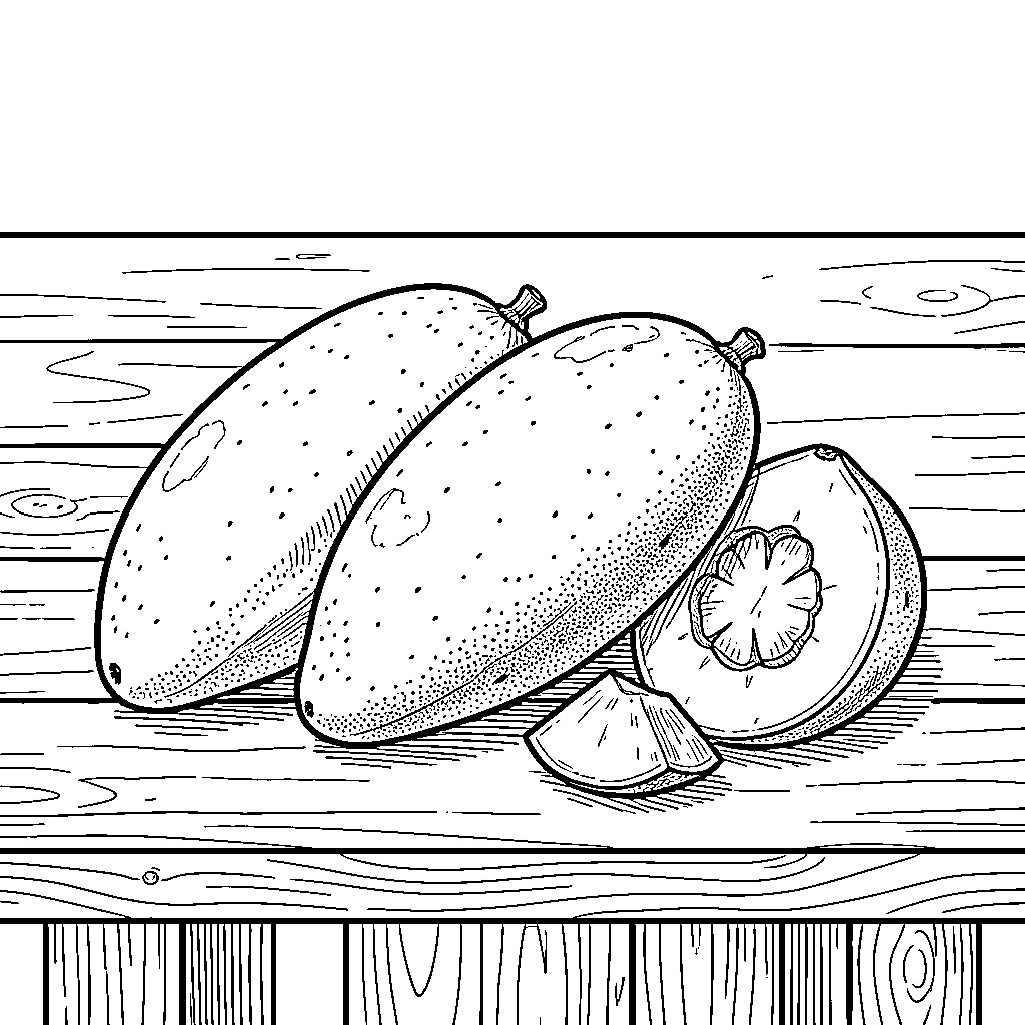 Mango fruits resting on a wooden surface Coloring Page (free black-and-white line drawing printable PDF for all, from beginners to advanced learners, including children, teens, adults, and seniors)