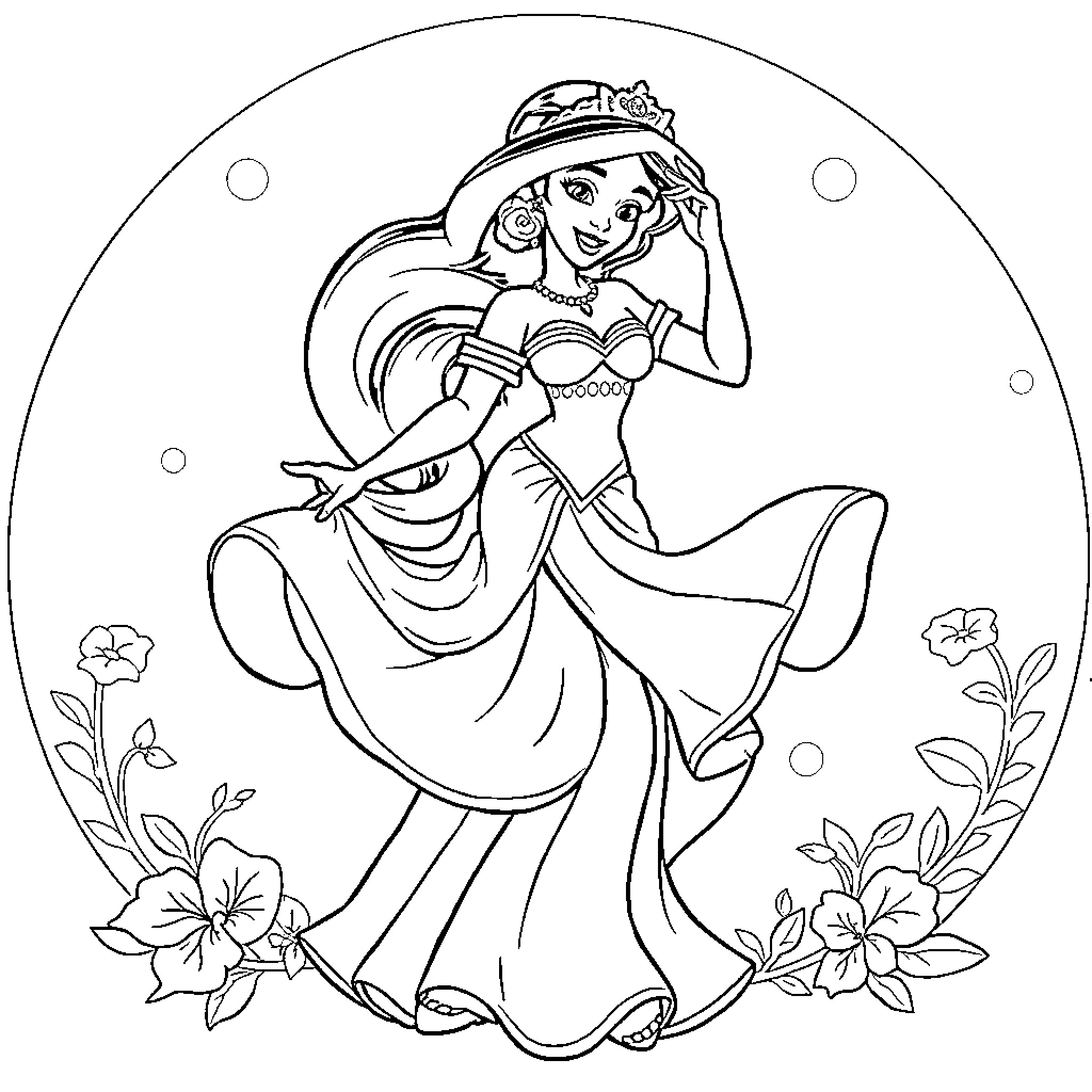 Princess Jasmine dancing gracefully in ornate attire Coloring Page (free black-and-white line drawing printable PDF for all, from beginners to advanced learners, including children, teens, adults, and seniors)