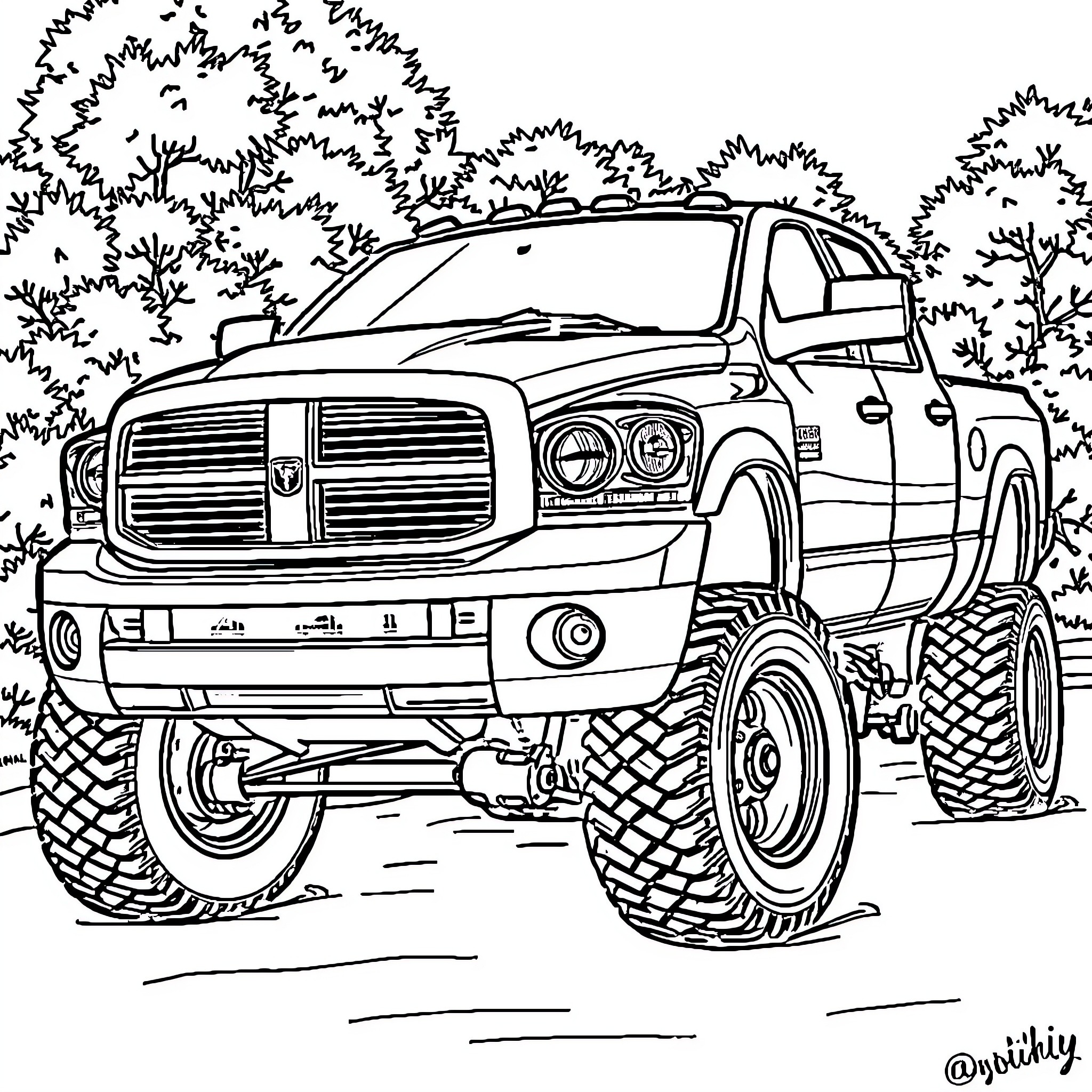 Dodge Monster Truck Navigating Rugged Terrain Coloring Page (free black-and-white line drawing printable PDF for all, from beginners to advanced learners, including children, teens, adults, and seniors)