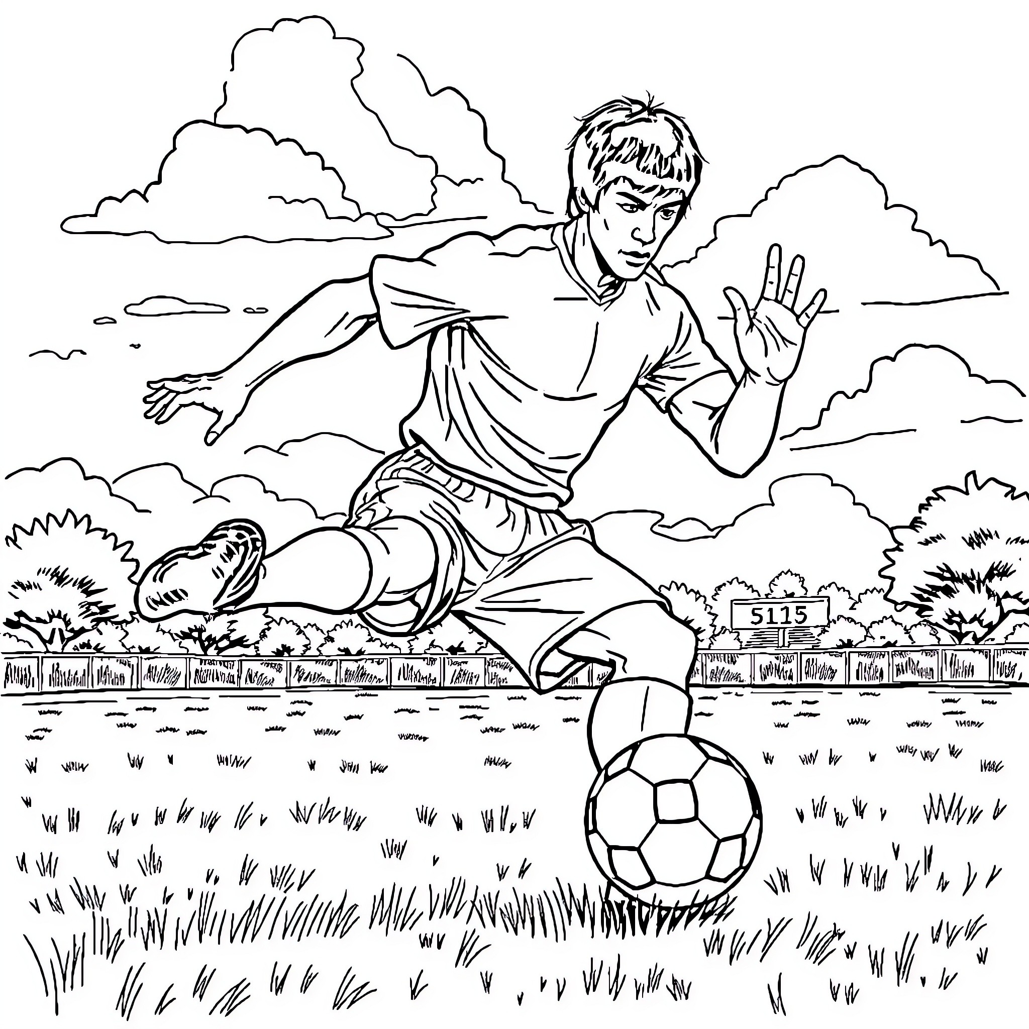Bruce Lee Kicks Soccer Ball in Scenic Outdoor Setting Coloring Page (free black-and-white line drawing printable PDF for all, from beginners to advanced learners, including children, teens, adults, and seniors)