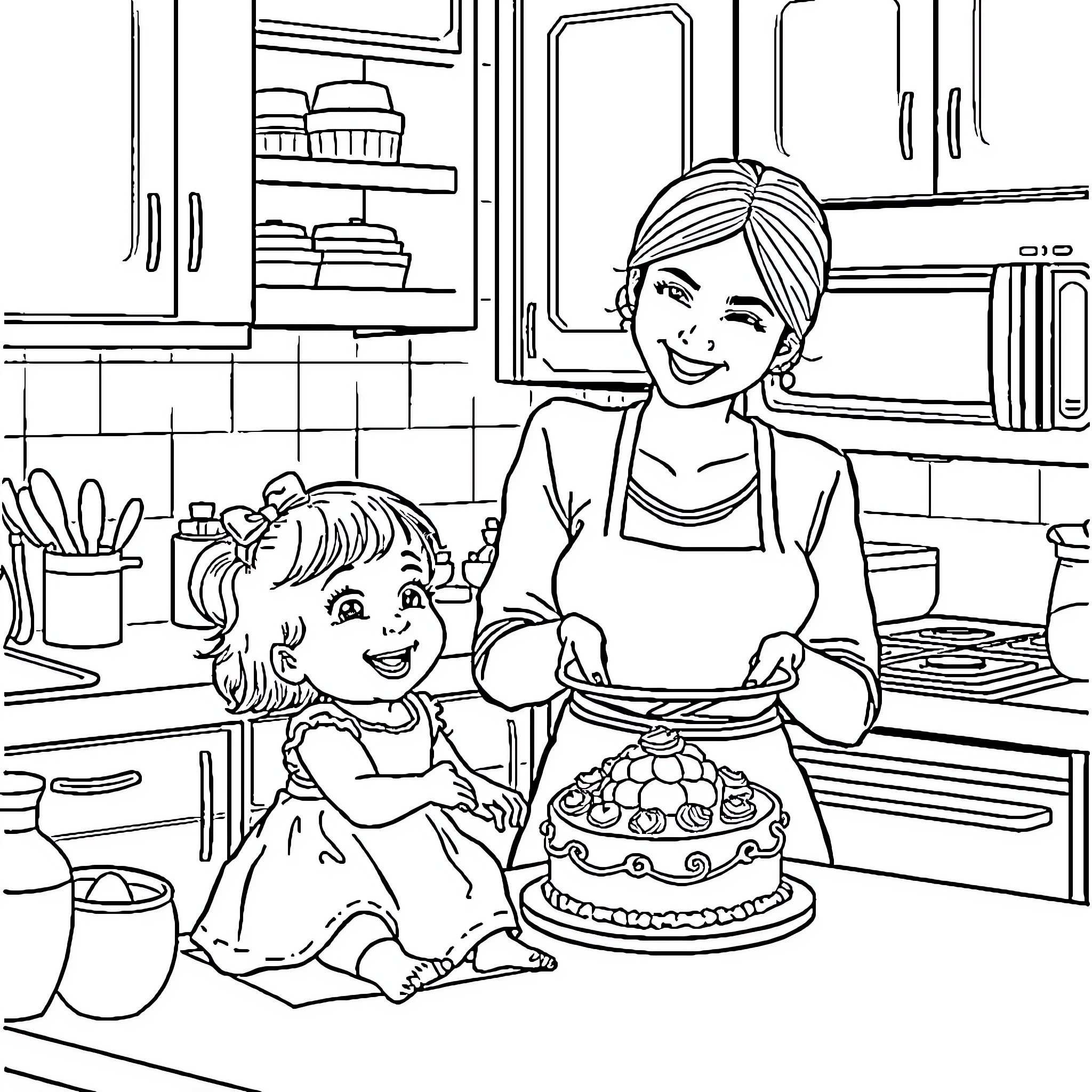 Mother and Daughter Baking in Kitchen Coloring Page (free black-and-white line drawing printable PDF for all, from beginners to advanced learners, including children, teens, adults, and seniors)