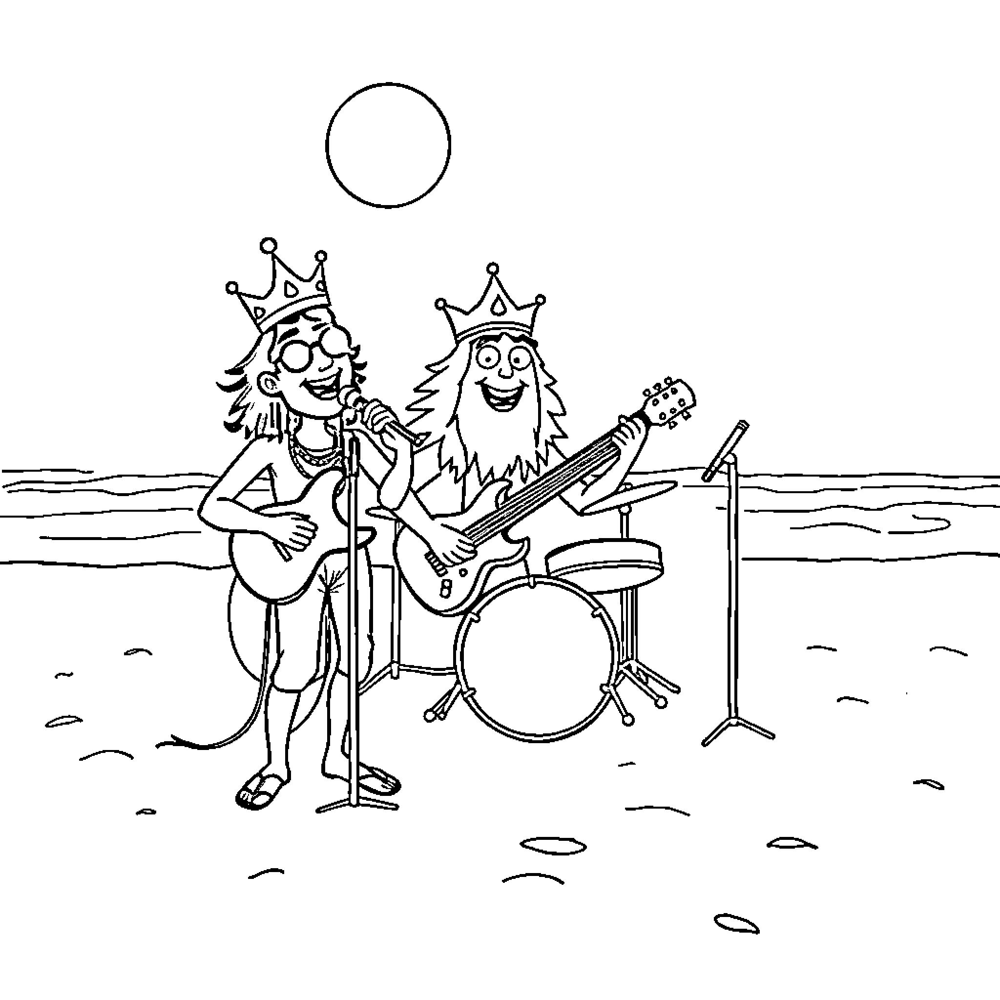 King and Queen Performing on the Beach Coloring Page (free black-and-white line drawing printable PDF for all, from beginners to advanced learners, including children, teens, adults, and seniors)