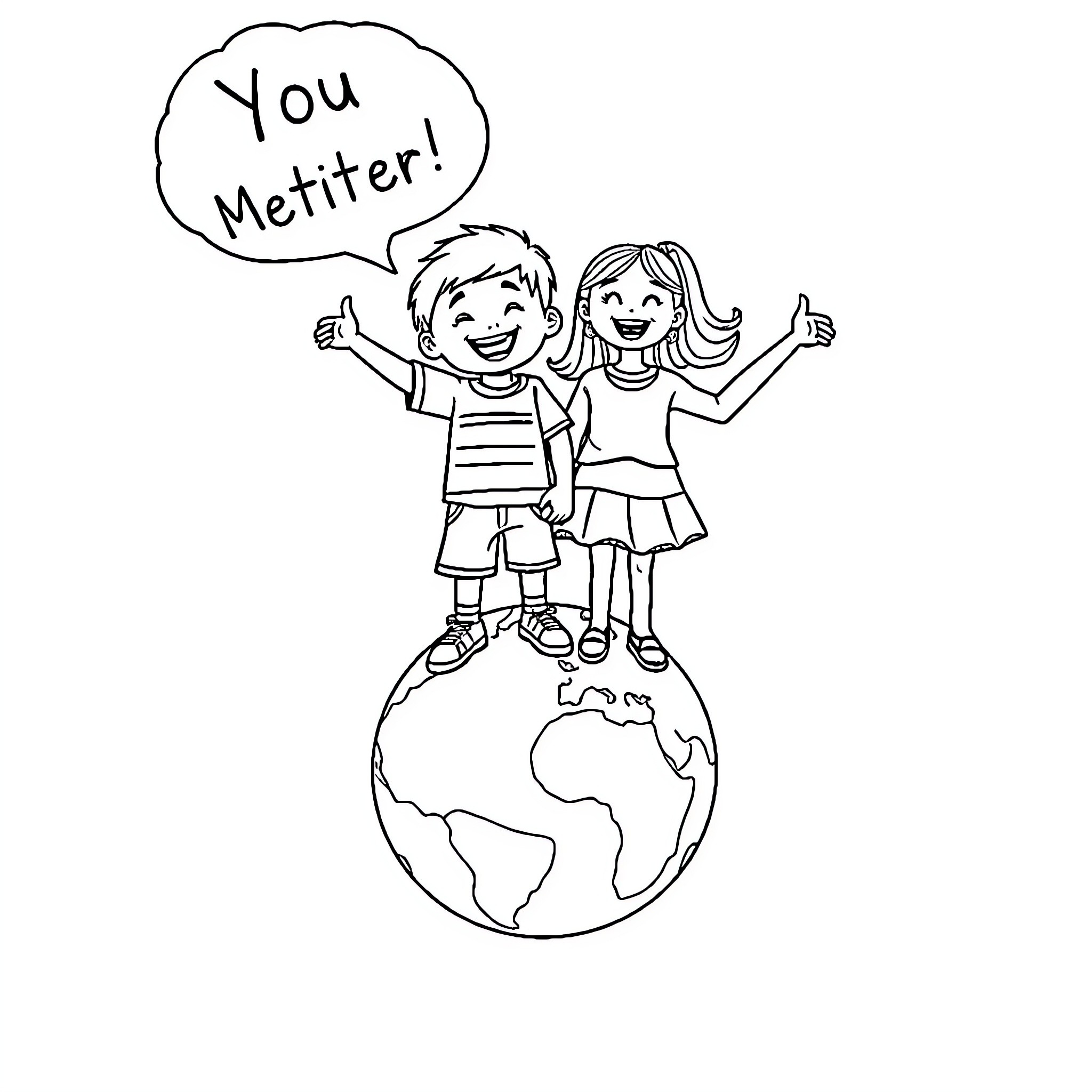 Boy and Girl Celebrating on Globe Coloring Page (free black-and-white line drawing printable PDF for all, from beginners to advanced learners, including children, teens, adults, and seniors)