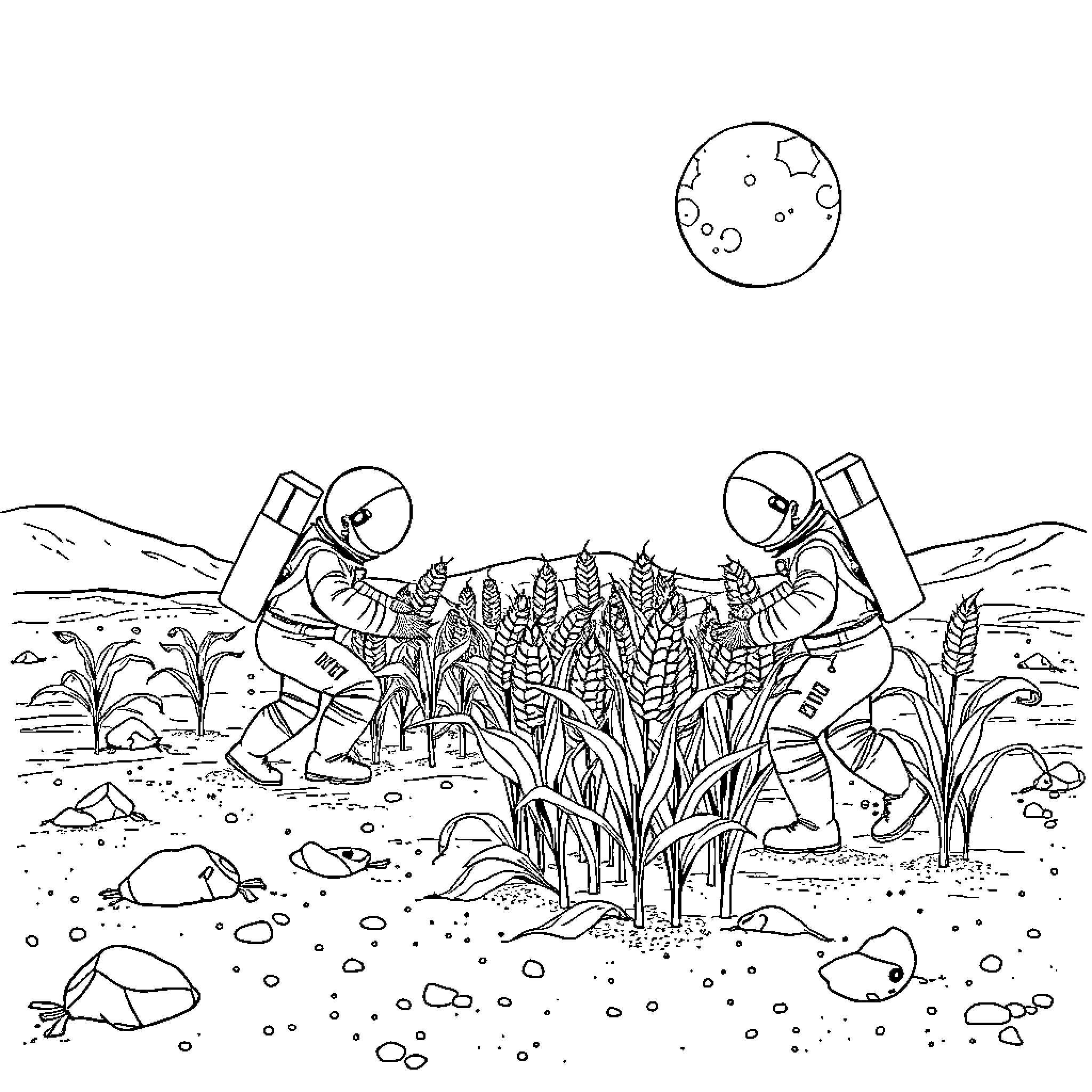 Corn Farmers Tending to Crops Under Moonlight Coloring Page (free black-and-white line drawing printable PDF for all, from beginners to advanced learners, including children, teens, adults, and seniors)