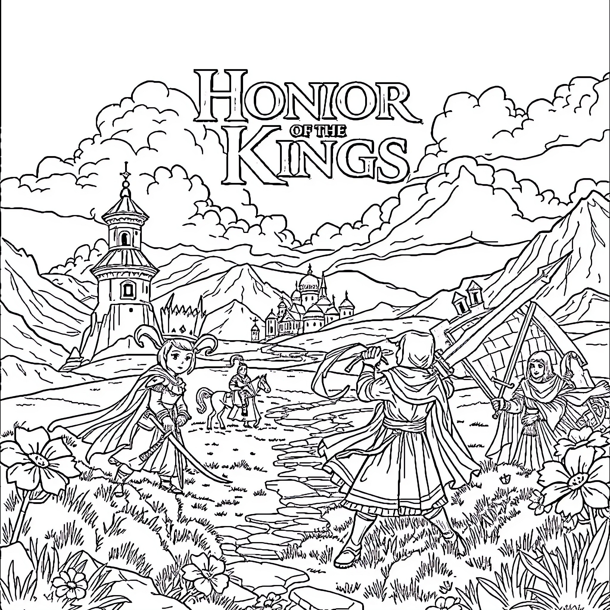 Augran Regal Revelry: A Fantasy Gathering Coloring Page (free black-and-white line drawing printable PDF for all, from beginners to advanced learners, including children, teens, adults, and seniors)