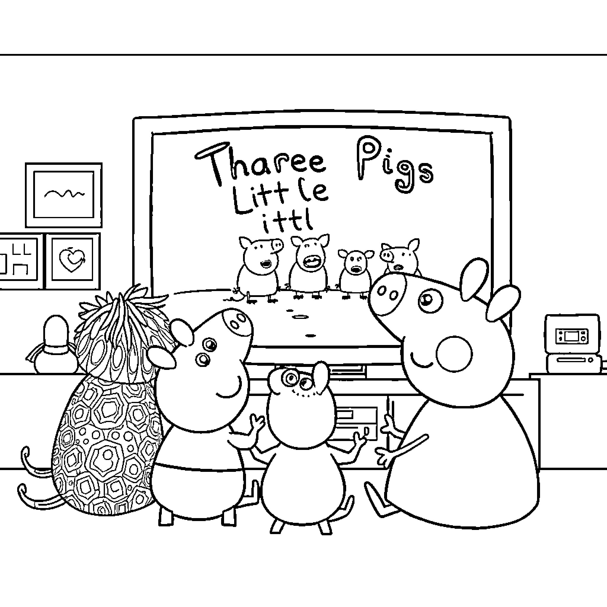 Peppa Pig and friends in the classroom Coloring Page (free black-and-white line drawing printable PDF for all, from beginners to advanced learners, including children, teens, adults, and seniors)