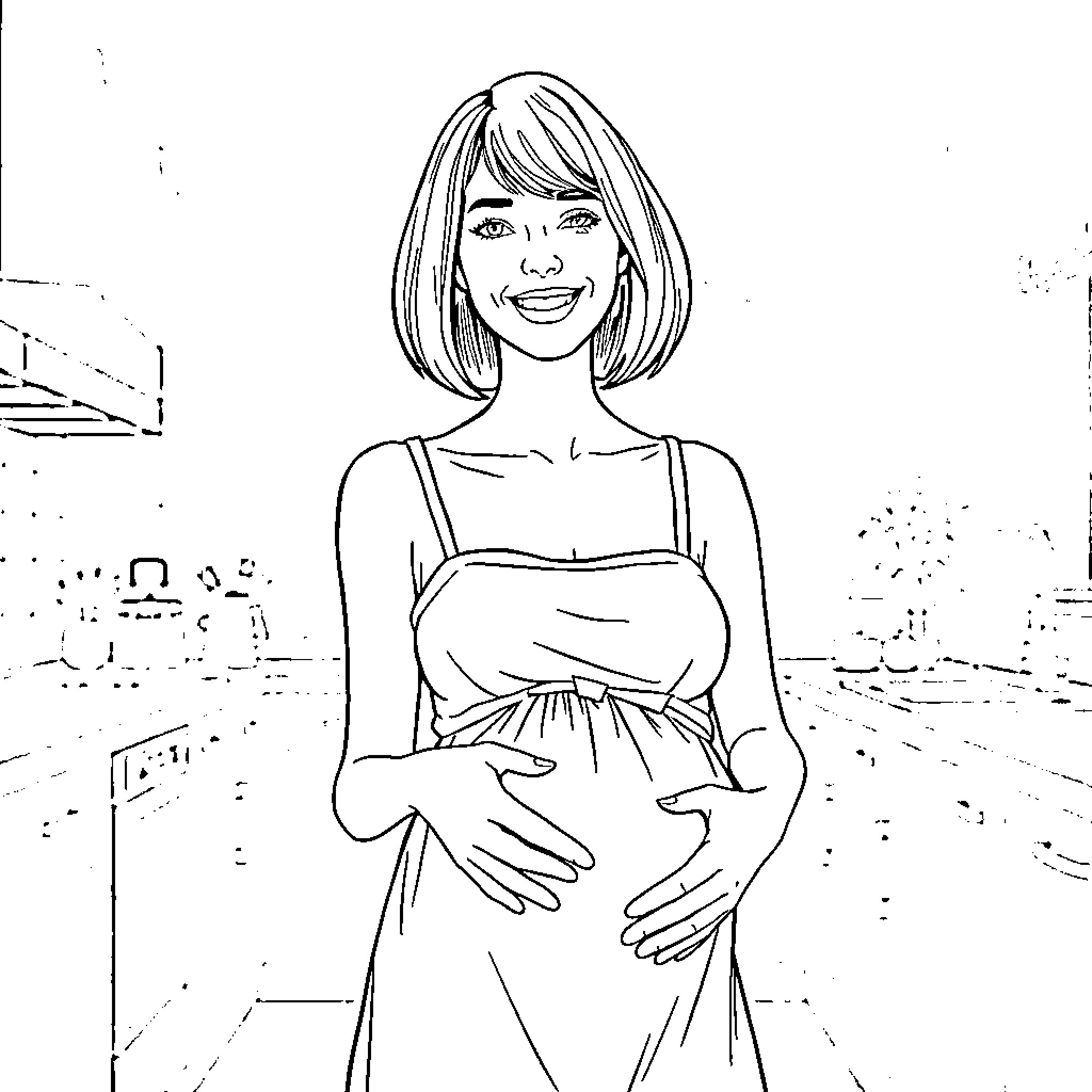 Woman smiling happily with arms crossed Coloring Page (free black-and-white line drawing printable PDF for all, from beginners to advanced learners, including children, teens, adults, and seniors)