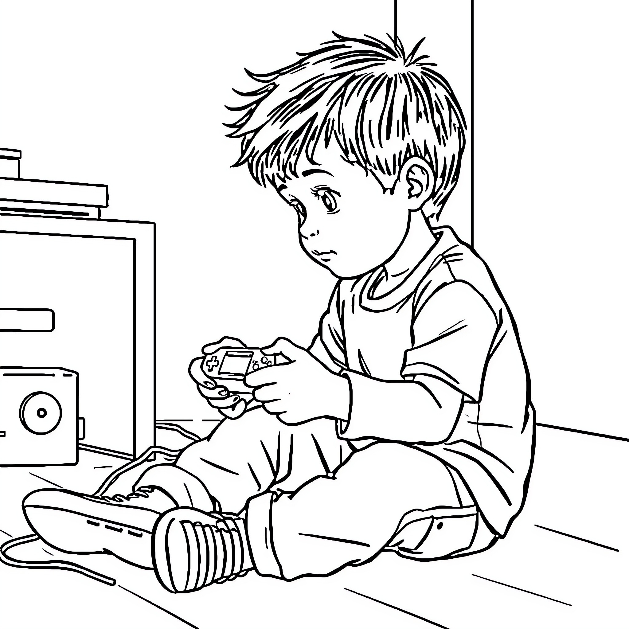 Boy playing video game intently on the floor Coloring Page (free black-and-white line drawing printable PDF for all, from beginners to advanced learners, including children, teens, adults, and seniors)