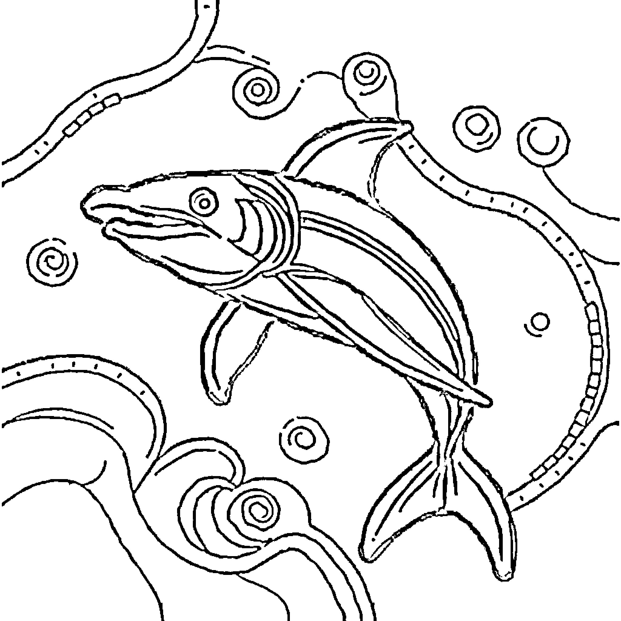 Tiburon swimming playfully in the ocean Coloring Page (free black-and-white line drawing printable PDF for all, from beginners to advanced learners, including children, teens, adults, and seniors)