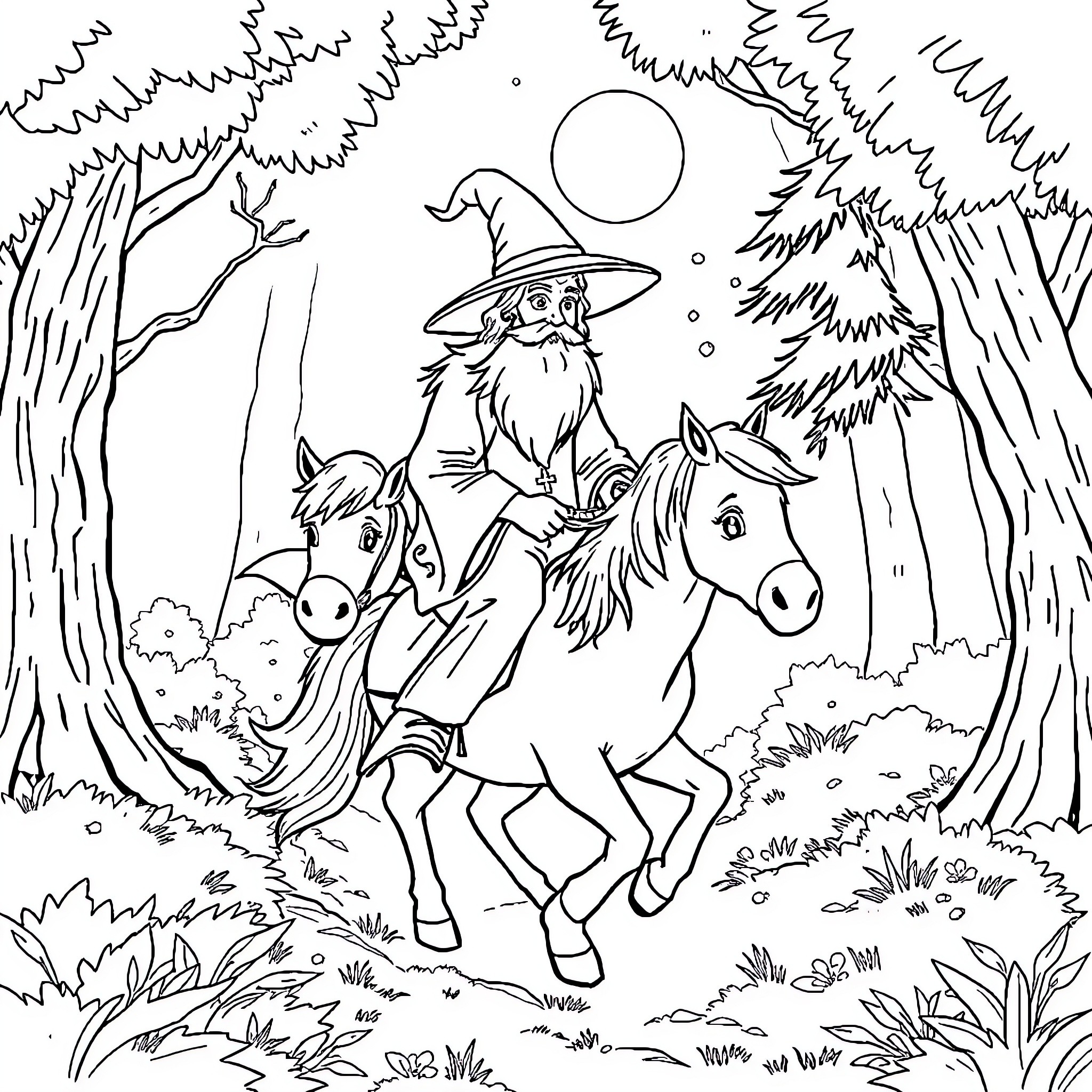 Wizard riding a horse through the enchanted forest Coloring Page (free black-and-white line drawing printable PDF for all, from beginners to advanced learners, including children, teens, adults, and seniors)