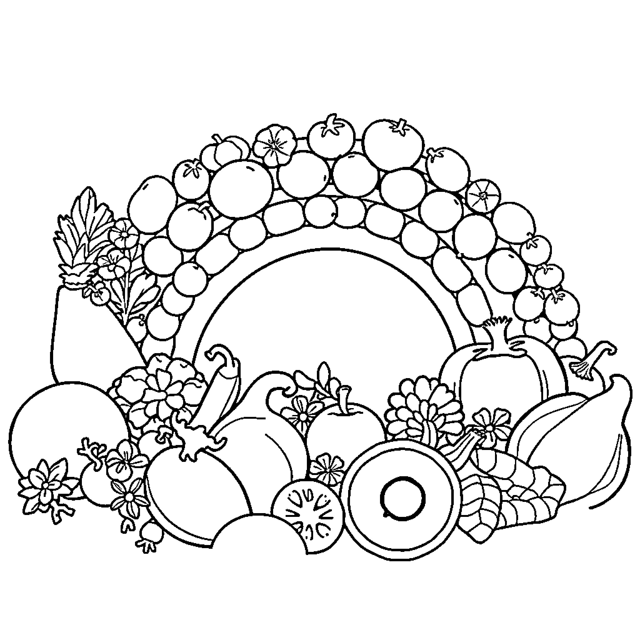 Fruit Centerpiece with Floral Decor Coloring Page (free black-and-white line drawing printable PDF for all, from beginners to advanced learners, including children, teens, adults, and seniors)