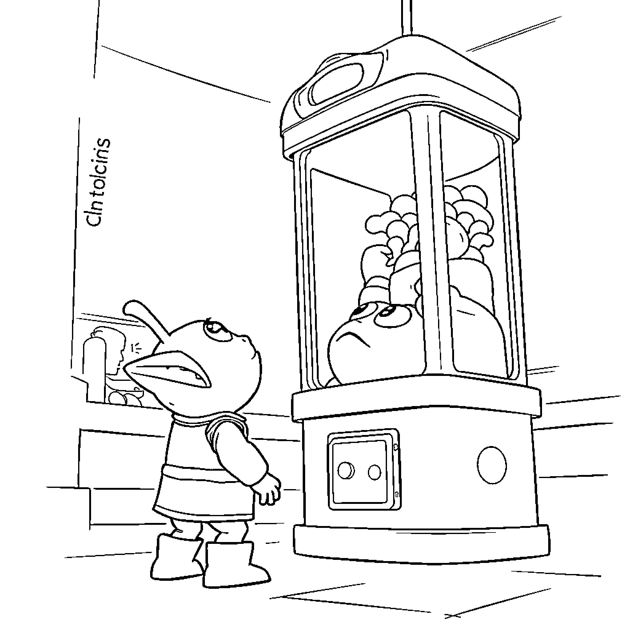 Alien creature observing a strange device Coloring Page (free black-and-white line drawing printable PDF for all, from beginners to advanced learners, including children, teens, adults, and seniors)