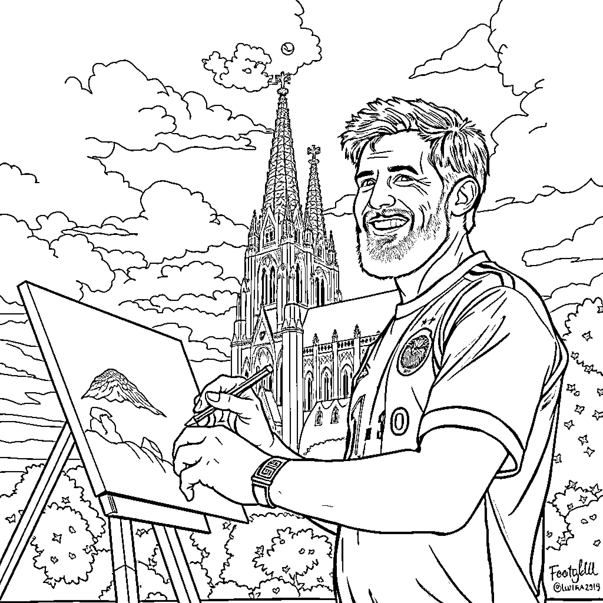 Footballer painting a landscape in front of cathedral Coloring Page (free black-and-white line drawing printable PDF for all, from beginners to advanced learners, including children, teens, adults, and seniors)