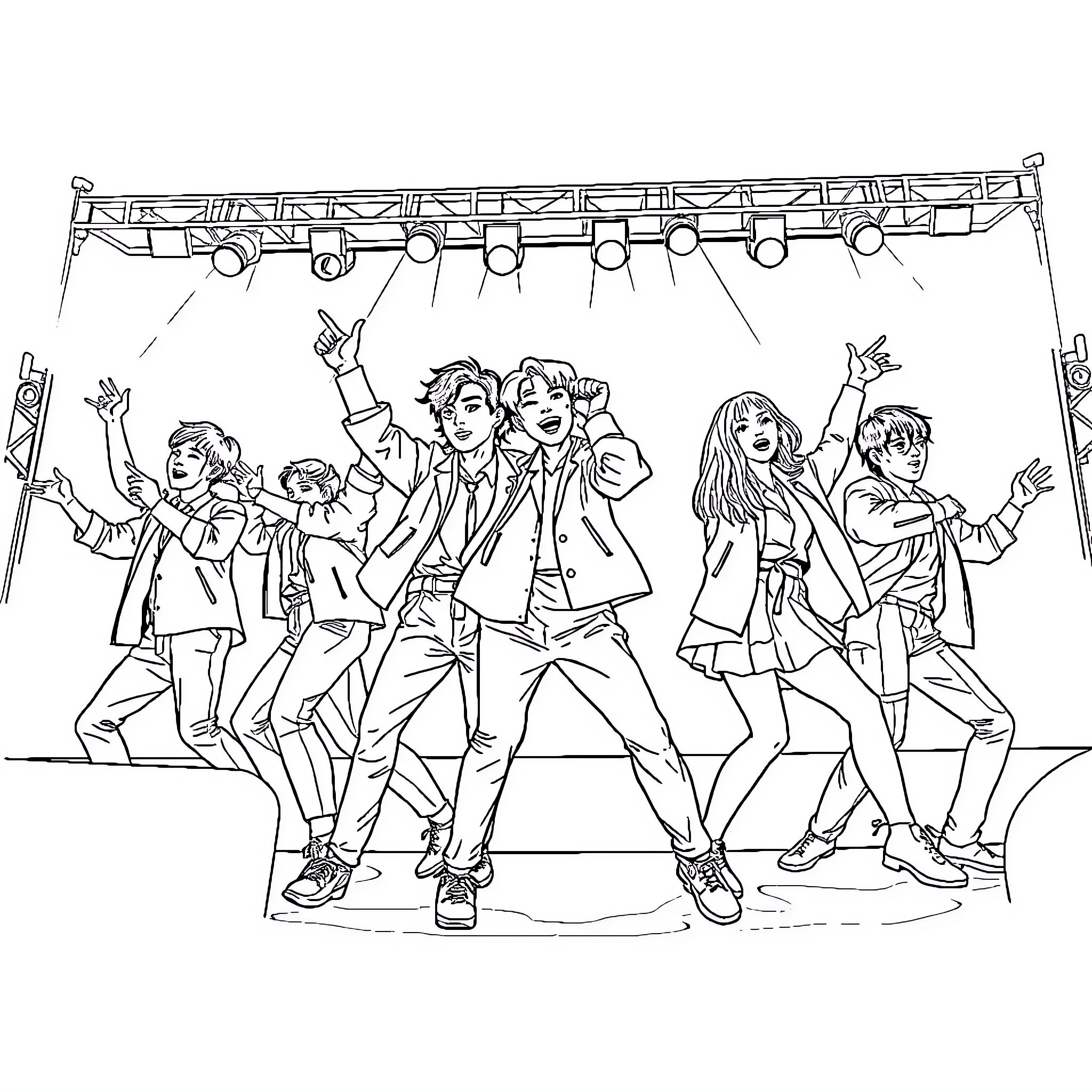 Kpop group performing excitedly on stage Coloring Page (free black-and-white line drawing printable PDF for all, from beginners to advanced learners, including children, teens, adults, and seniors)