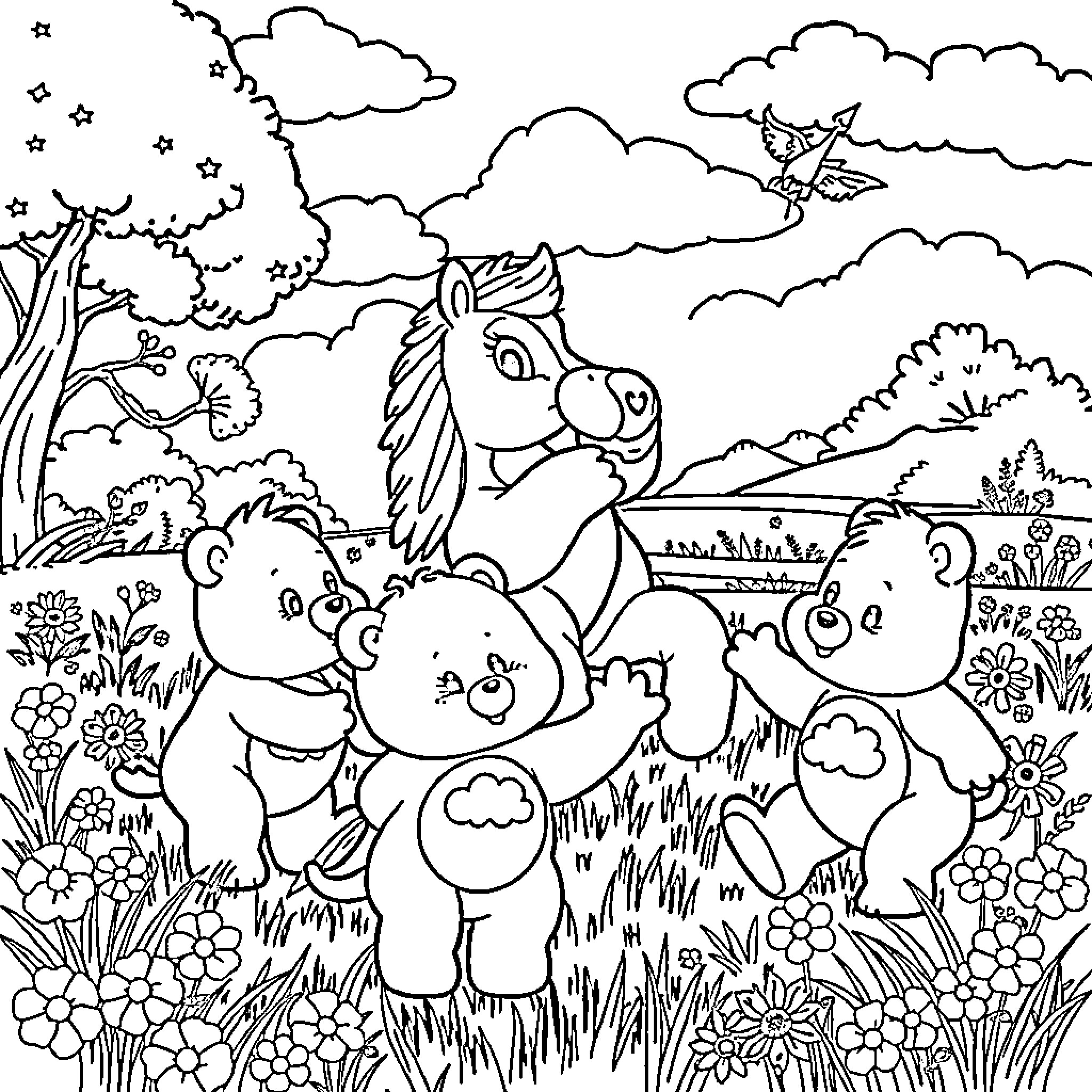 Huntrix's magical forest adventure with enchanting creatures Coloring Page (free black-and-white line drawing printable PDF for all, from beginners to advanced learners, including children, teens, adults, and seniors)