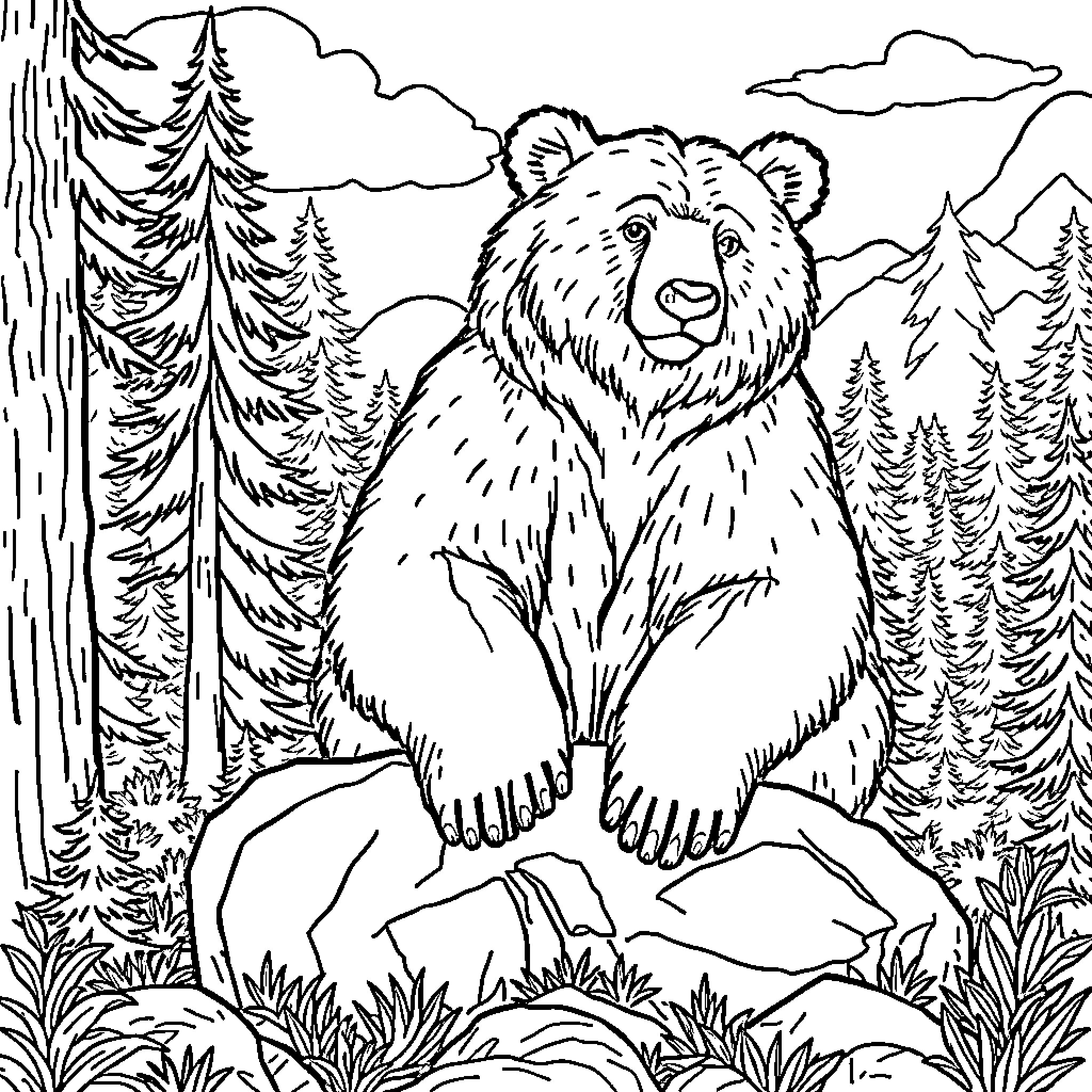 Bear exploring the scenic wilderness Coloring Page (free black-and-white line drawing printable PDF for all, from beginners to advanced learners, including children, teens, adults, and seniors)