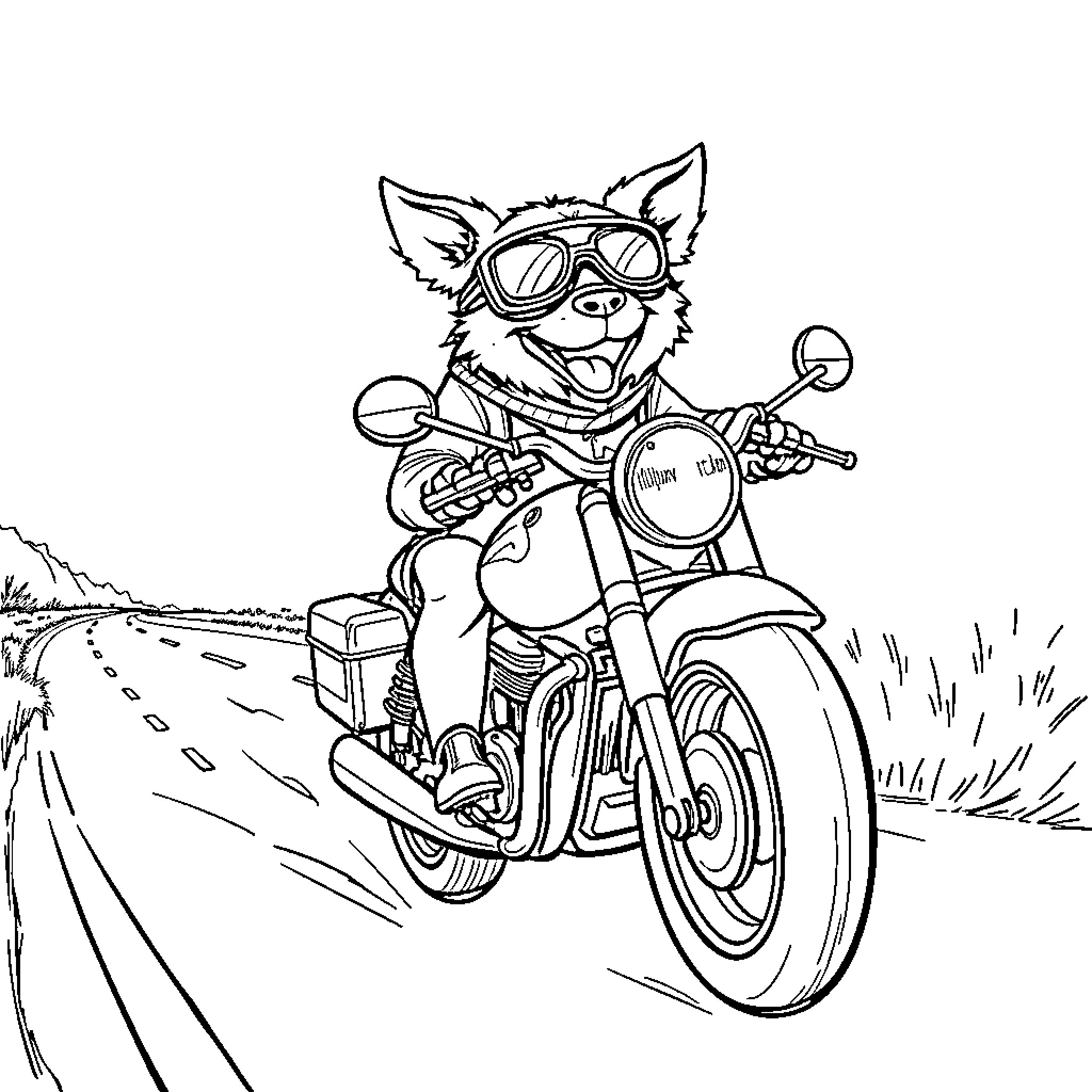 Dog riding motorcycle on the road Coloring Page (free black-and-white line drawing printable PDF for all, from beginners to advanced learners, including children, teens, adults, and seniors)
