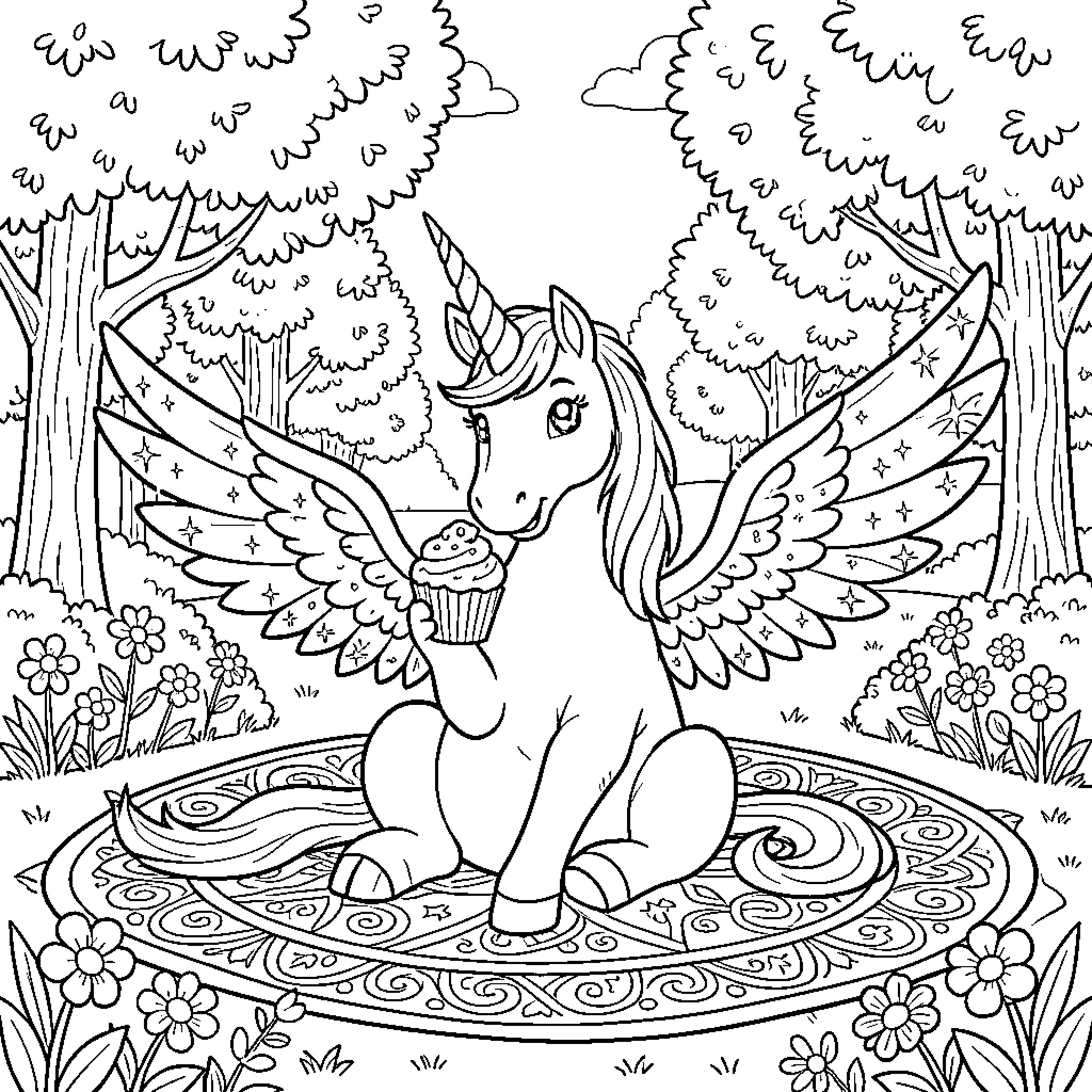 Unicorn with Wings Enjoying Magical Forest Scenery Coloring Page (free black-and-white line drawing printable PDF for all, from beginners to advanced learners, including children, teens, adults, and seniors)