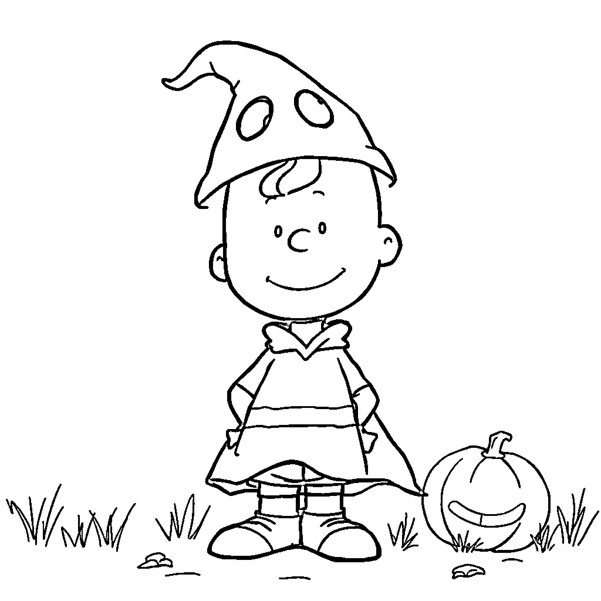 Charlie Brown's Halloween Adventure Coloring Page (free black-and-white line drawing printable PDF for all, from beginners to advanced learners, including children, teens, adults, and seniors)