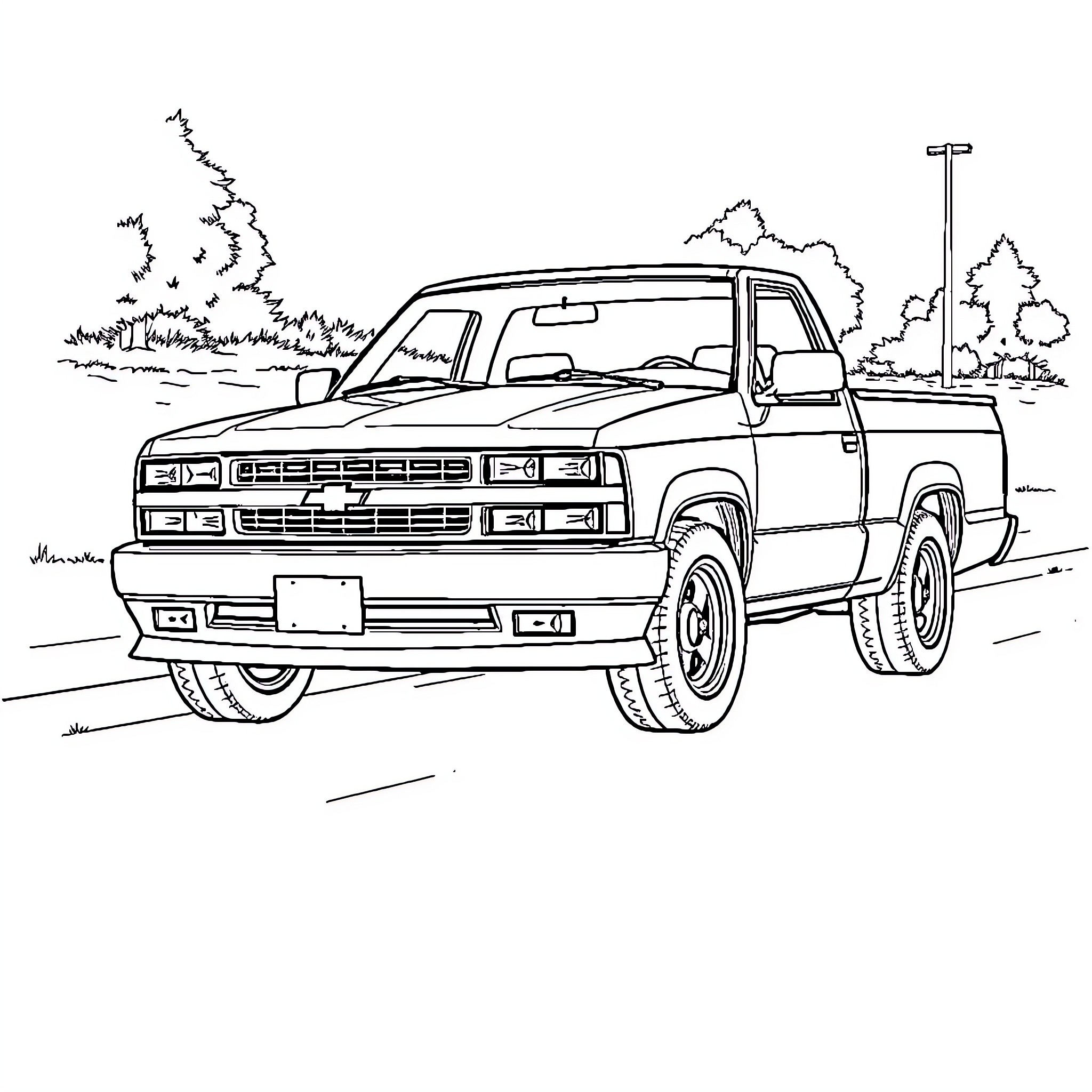 Chevy S10 truck in outdoor scene Coloring Page (free black-and-white line drawing printable PDF for all, from beginners to advanced learners, including children, teens, adults, and seniors)