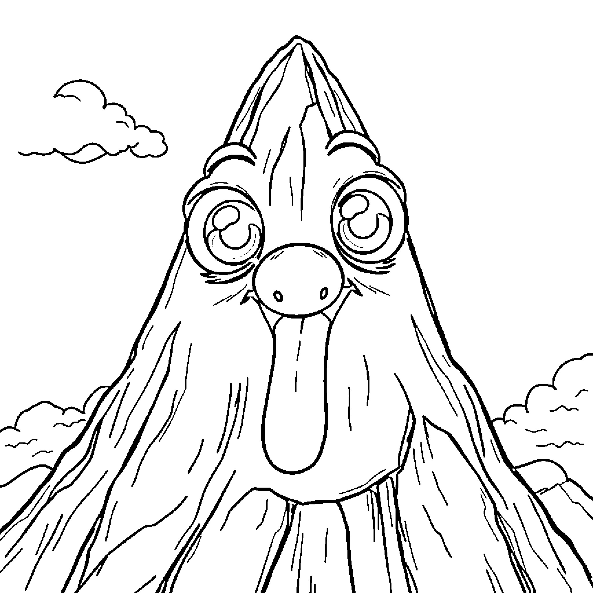 Mountain Creature with Curious Expression Coloring Page (free black-and-white line drawing printable PDF for all, from beginners to advanced learners, including children, teens, adults, and seniors)