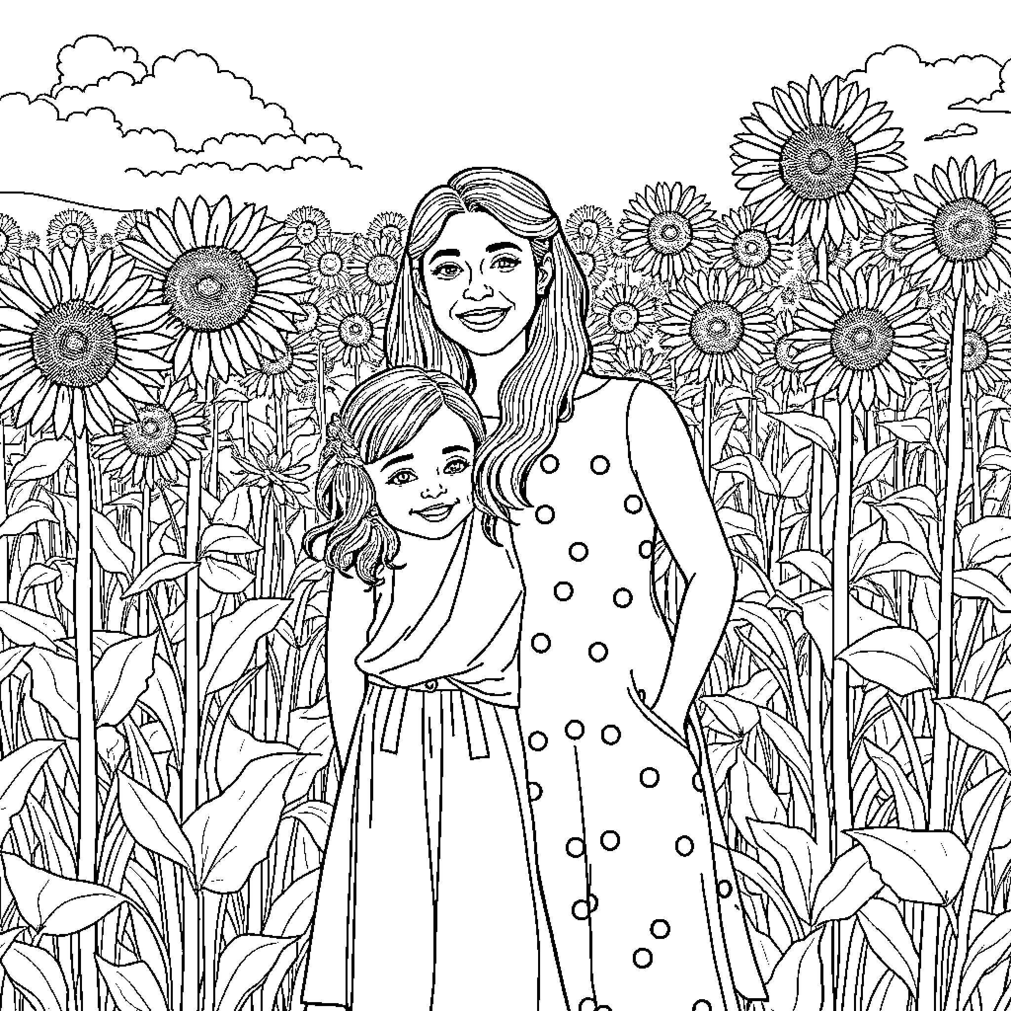 Mum and daughter in a sunflower field Coloring Page (free black-and-white line drawing printable PDF for all, from beginners to advanced learners, including children, teens, adults, and seniors)