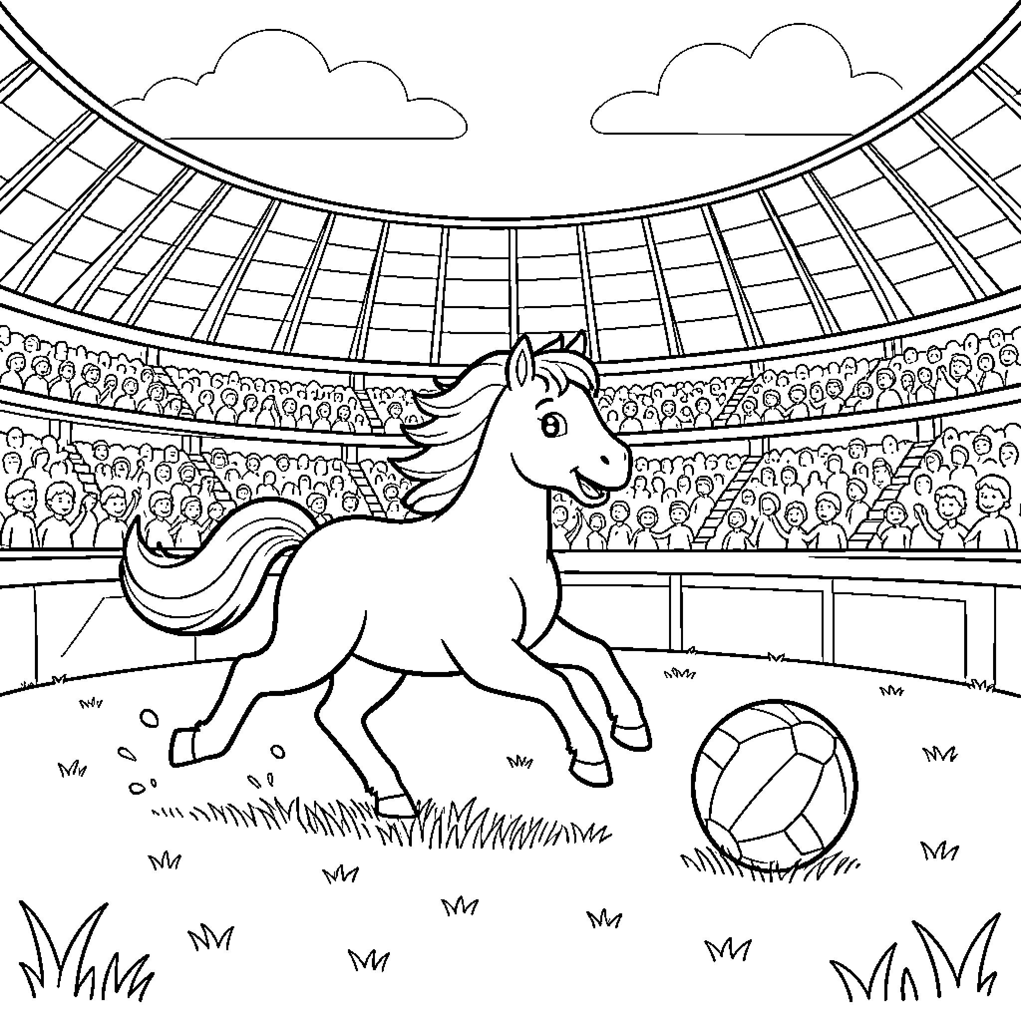 Pony playing soccer in a crowded stadium Coloring Page (free black-and-white line drawing printable PDF for all, from beginners to advanced learners, including children, teens, adults, and seniors)