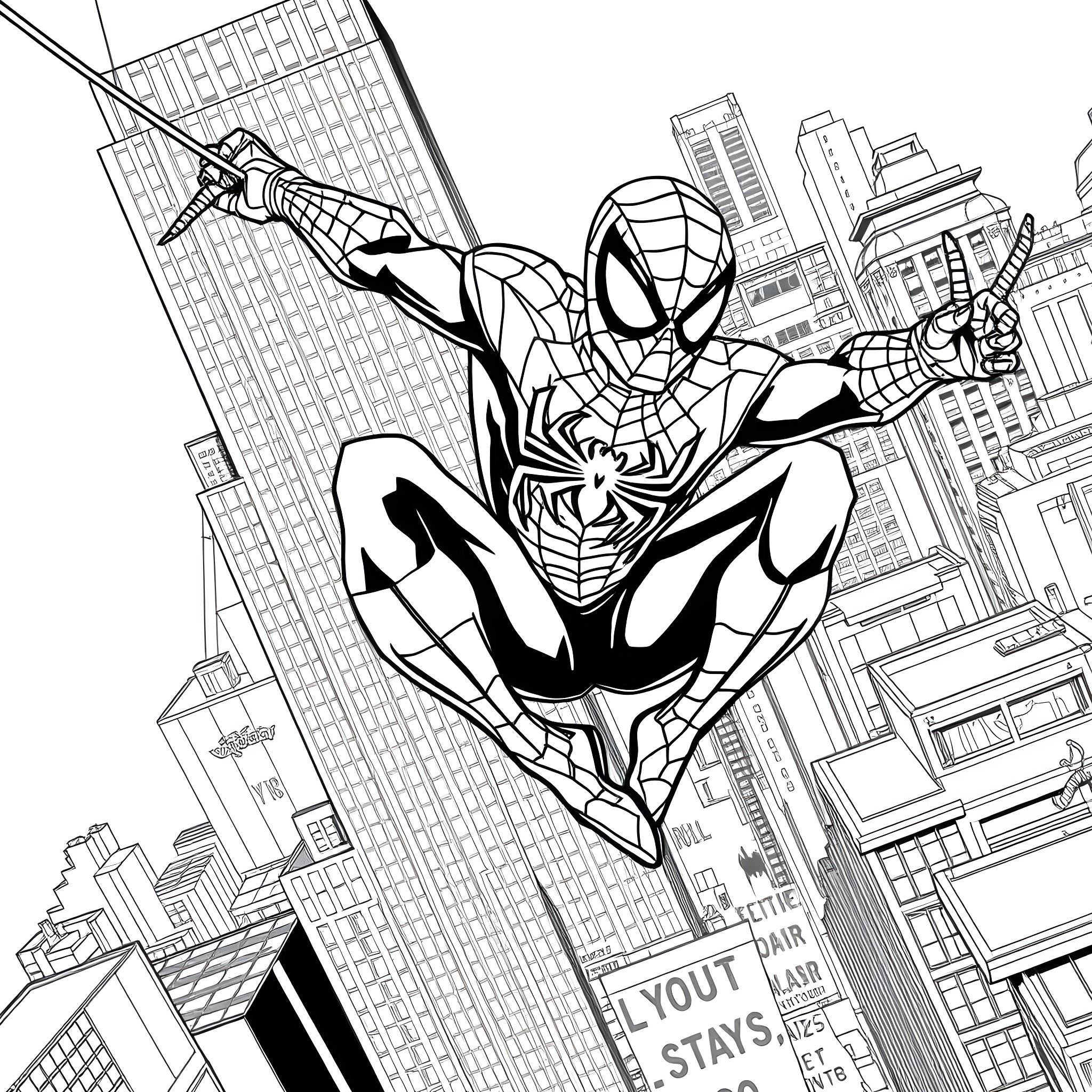 Spiderman swinging through the city Coloring Page (free black-and-white line drawing printable PDF for all, from beginners to advanced learners, including children, teens, adults, and seniors)