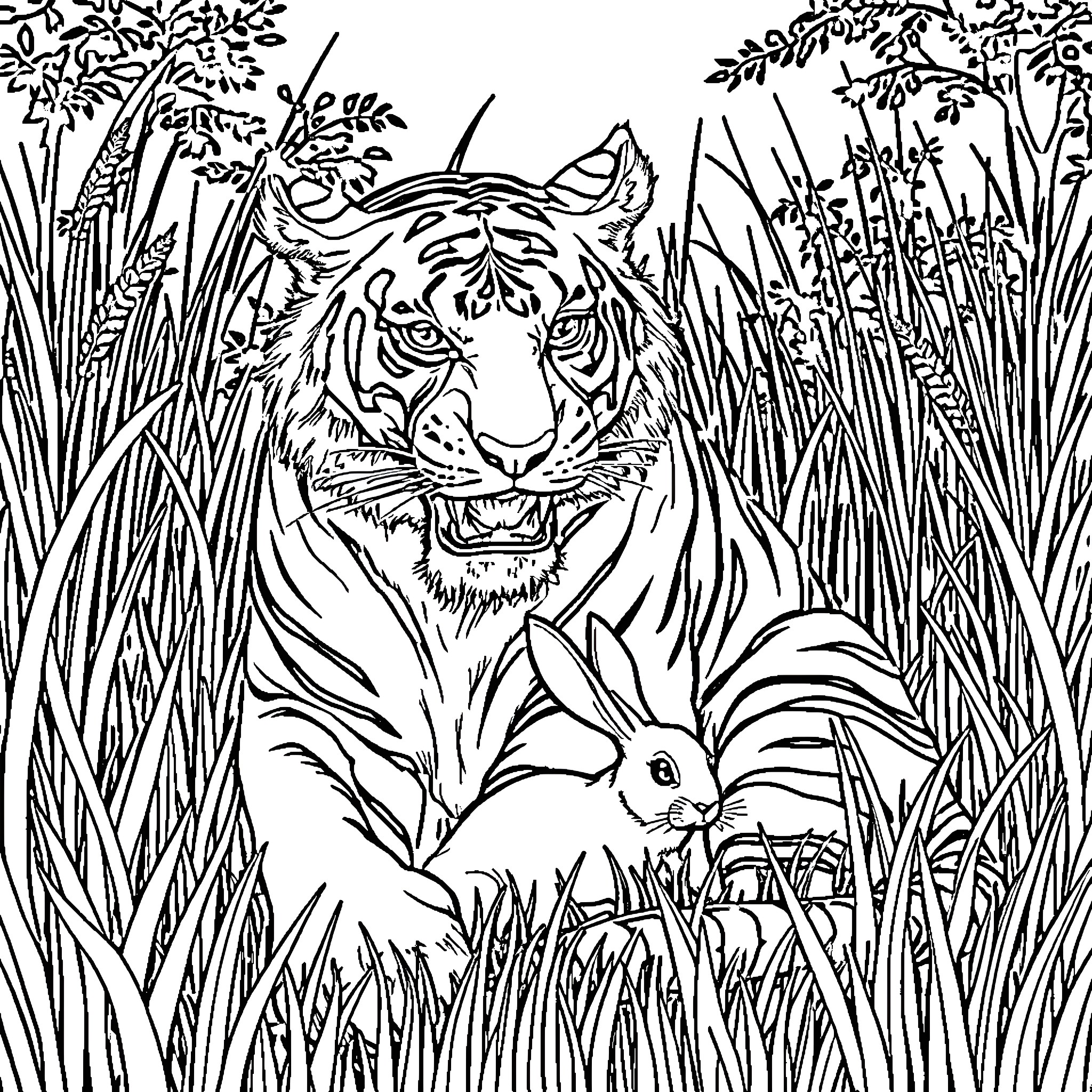 Tiger stalking prey in lush jungle Coloring Page (free black-and-white line drawing printable PDF for all, from beginners to advanced learners, including children, teens, adults, and seniors)
