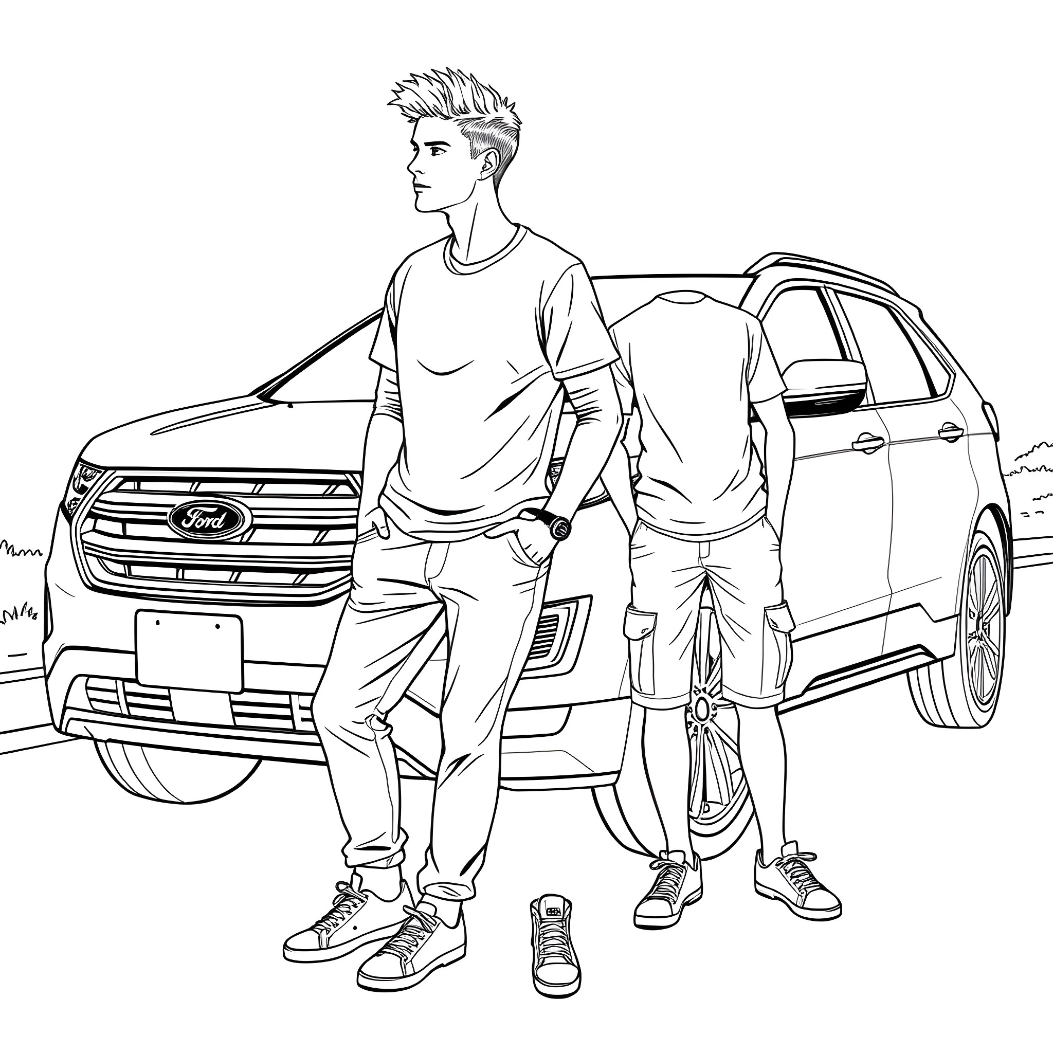 Teen Guy Standing Next to Modern SUV Coloring Page (free black-and-white line drawing printable PDF for all, from beginners to advanced learners, including children, teens, adults, and seniors)