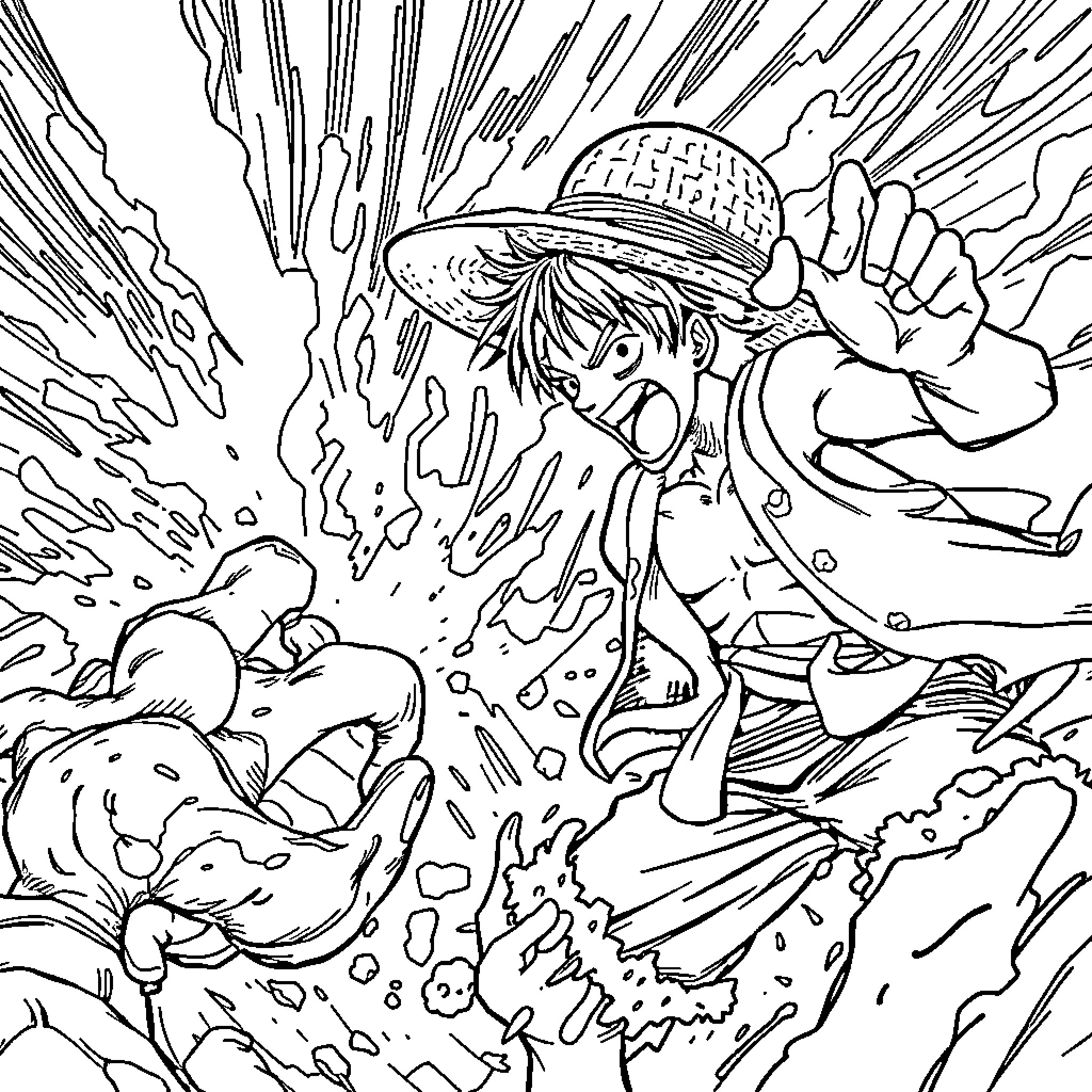 Luffy's Energetic Adventure in the Intense Waves Coloring Page (free black-and-white line drawing printable PDF for all, from beginners to advanced learners, including children, teens, adults, and seniors)