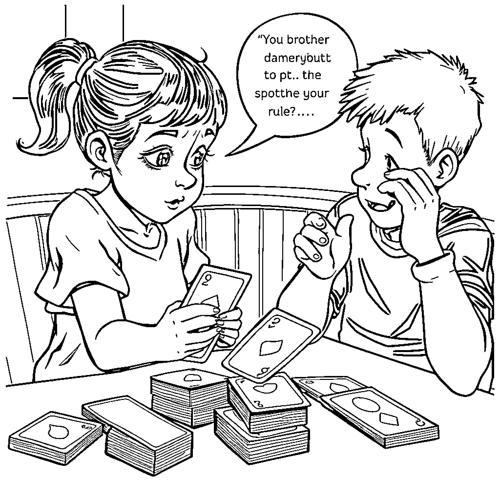 Girl reacting to her brother's accusation Coloring Page (free black-and-white line drawing printable PDF for all, from beginners to advanced learners, including children, teens, adults, and seniors)