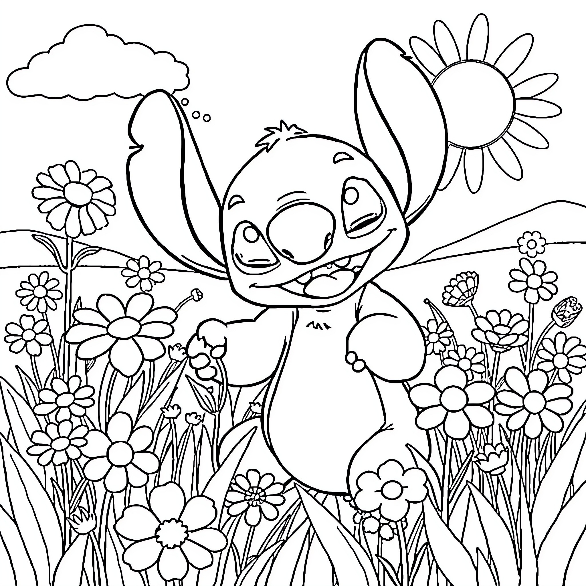 Stitch surrounded by blooming flowers in the garden Coloring Page (free black-and-white line drawing printable PDF for all, from beginners to advanced learners, including children, teens, adults, and seniors)