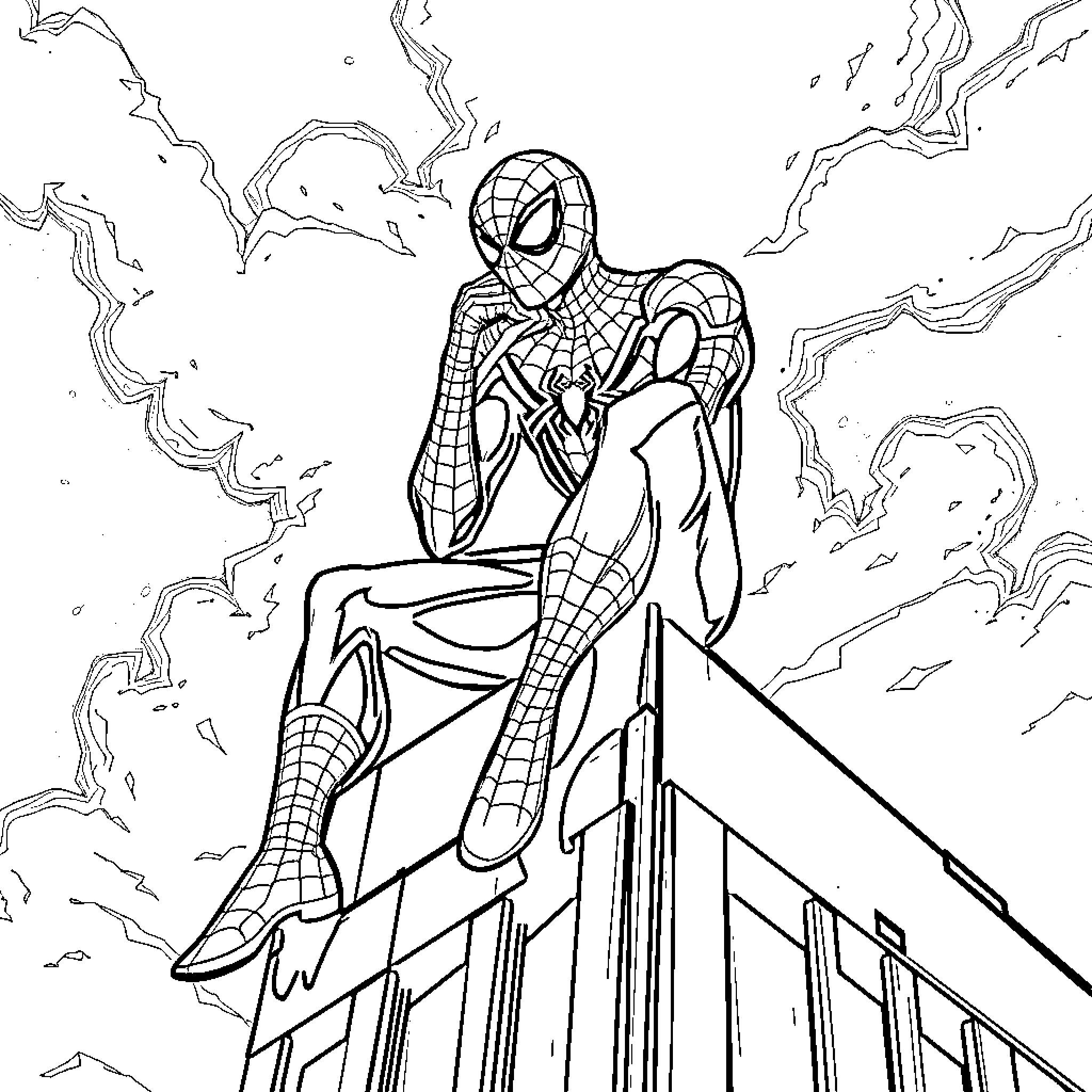 Spiderman swinging through the city on a rooftop Coloring Page (free black-and-white line drawing printable PDF for all, from beginners to advanced learners, including children, teens, adults, and seniors)