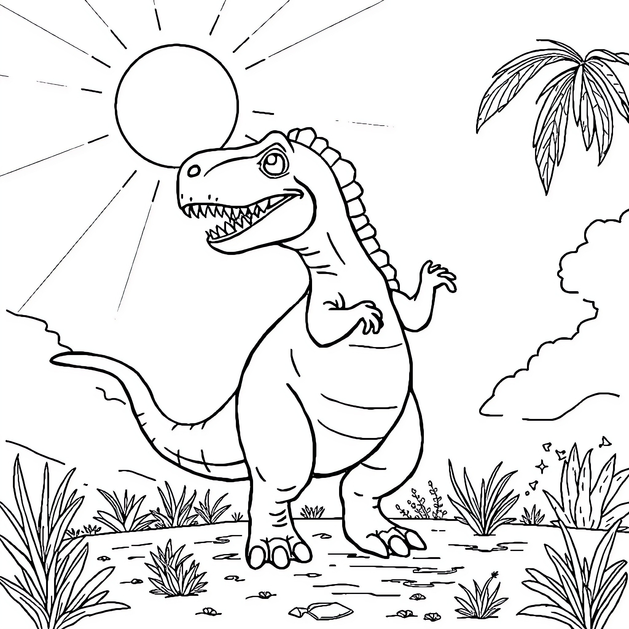 Dinosaur roaring in a tropical landscape Coloring Page (free black-and-white line drawing printable PDF for all, from beginners to advanced learners, including children, teens, adults, and seniors)