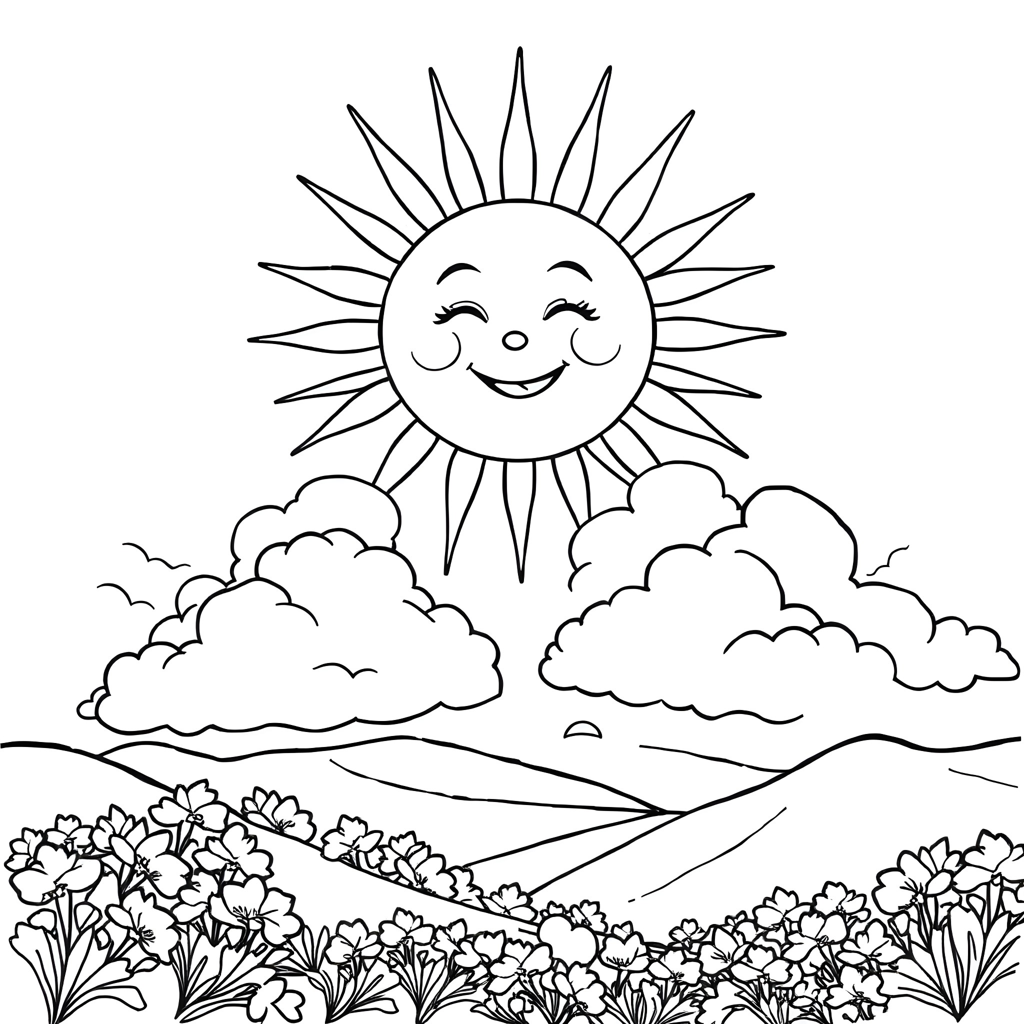 Sun smiling over a blooming meadow Coloring Page (free black-and-white line drawing printable PDF for all, from beginners to advanced learners, including children, teens, adults, and seniors)