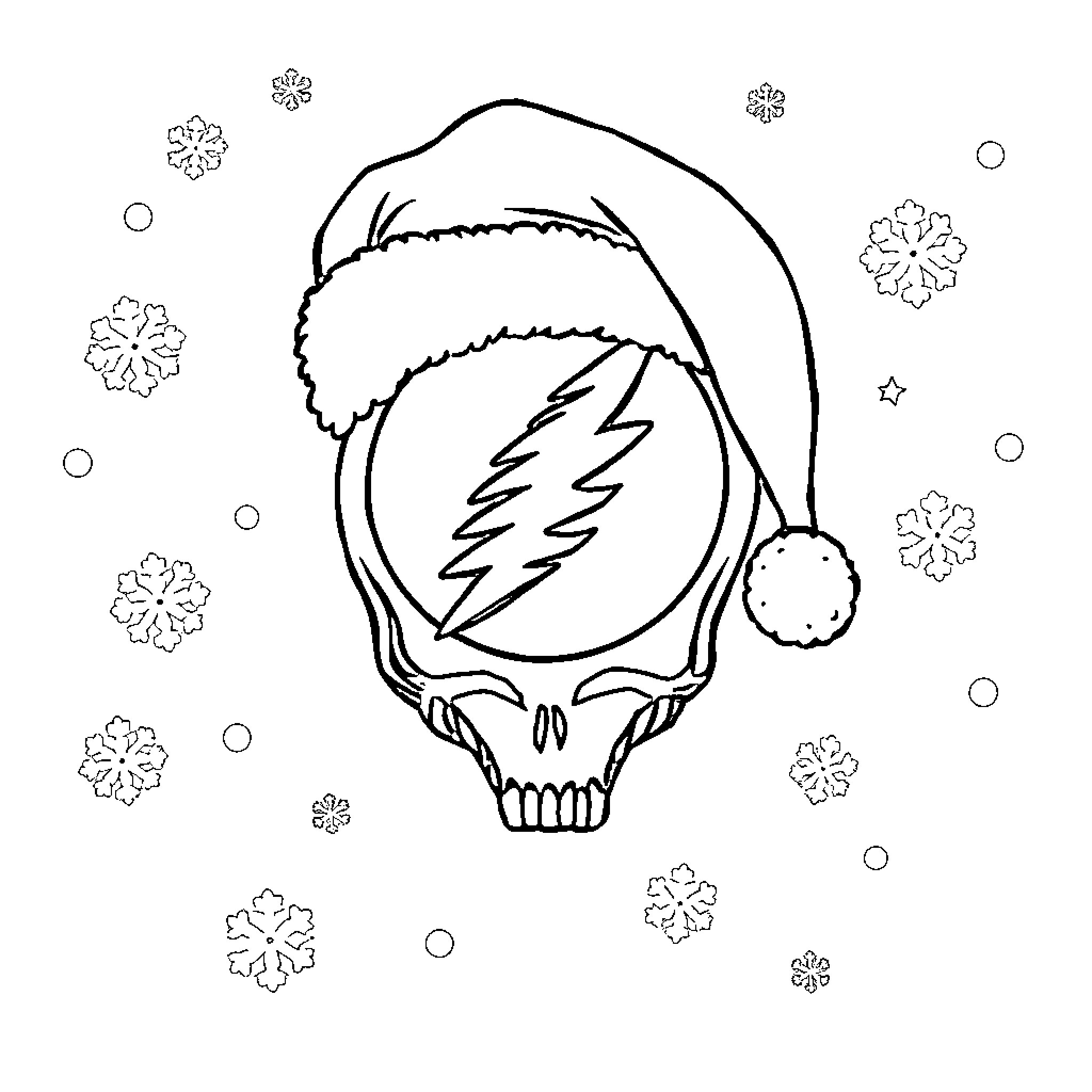 Grateful Dead holiday cheer and snowy motifs Coloring Page (free black-and-white line drawing printable PDF for all, from beginners to advanced learners, including children, teens, adults, and seniors)