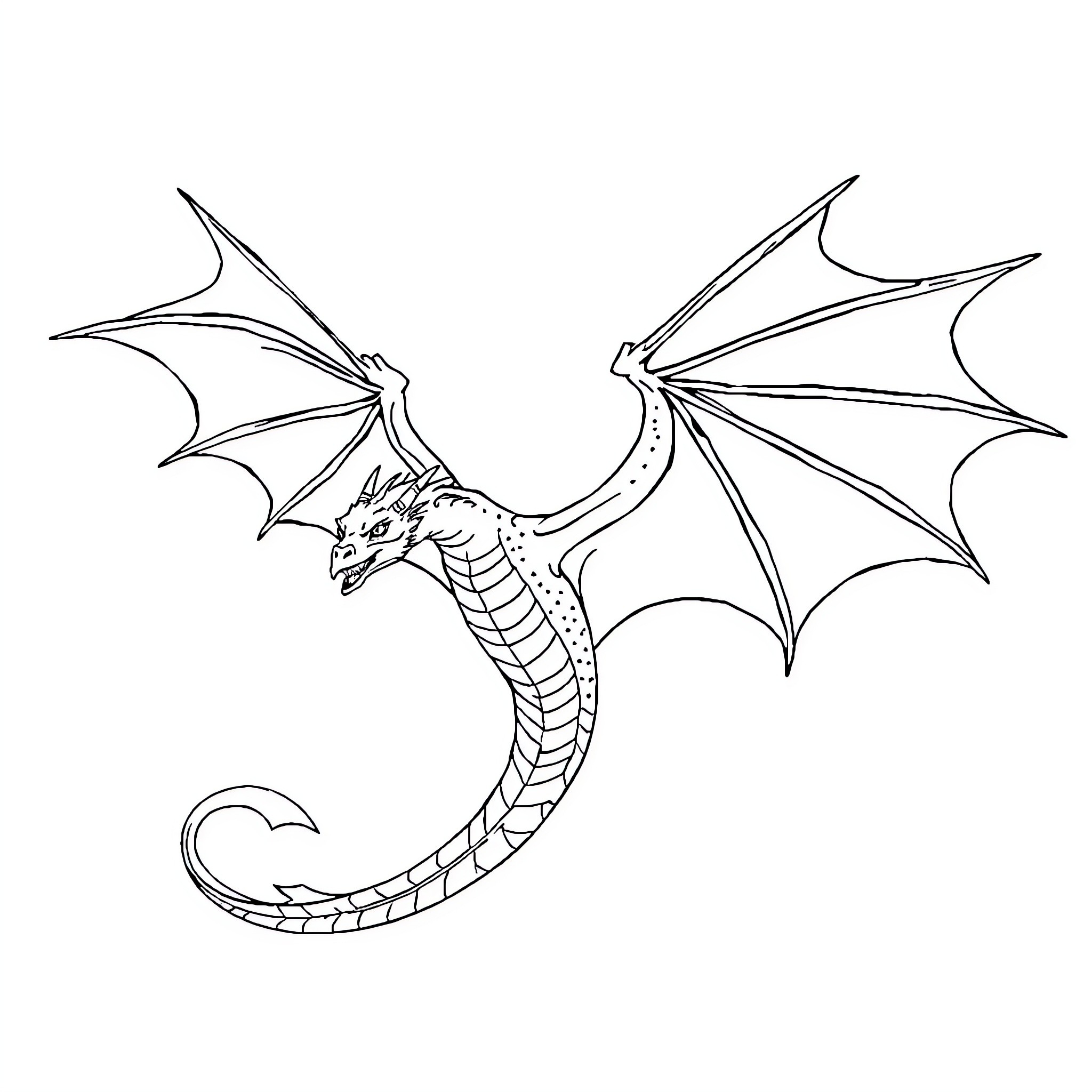 Dracaufeu in flight with outstretched wings Coloring Page (free black-and-white line drawing printable PDF for all, from beginners to advanced learners, including children, teens, adults, and seniors)