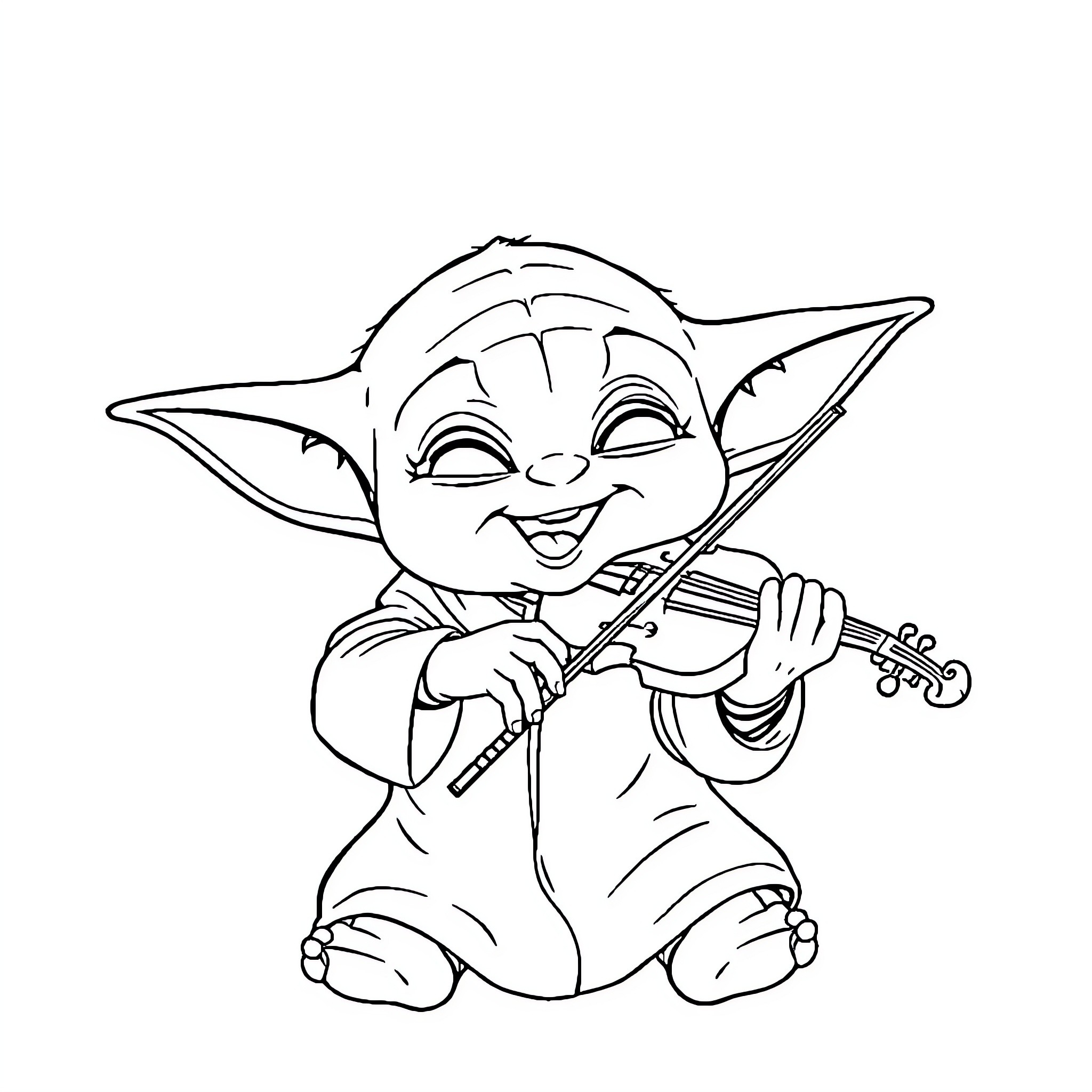 Yoda playing a musical instrument with joy Coloring Page (free black-and-white line drawing printable PDF for all, from beginners to advanced learners, including children, teens, adults, and seniors)