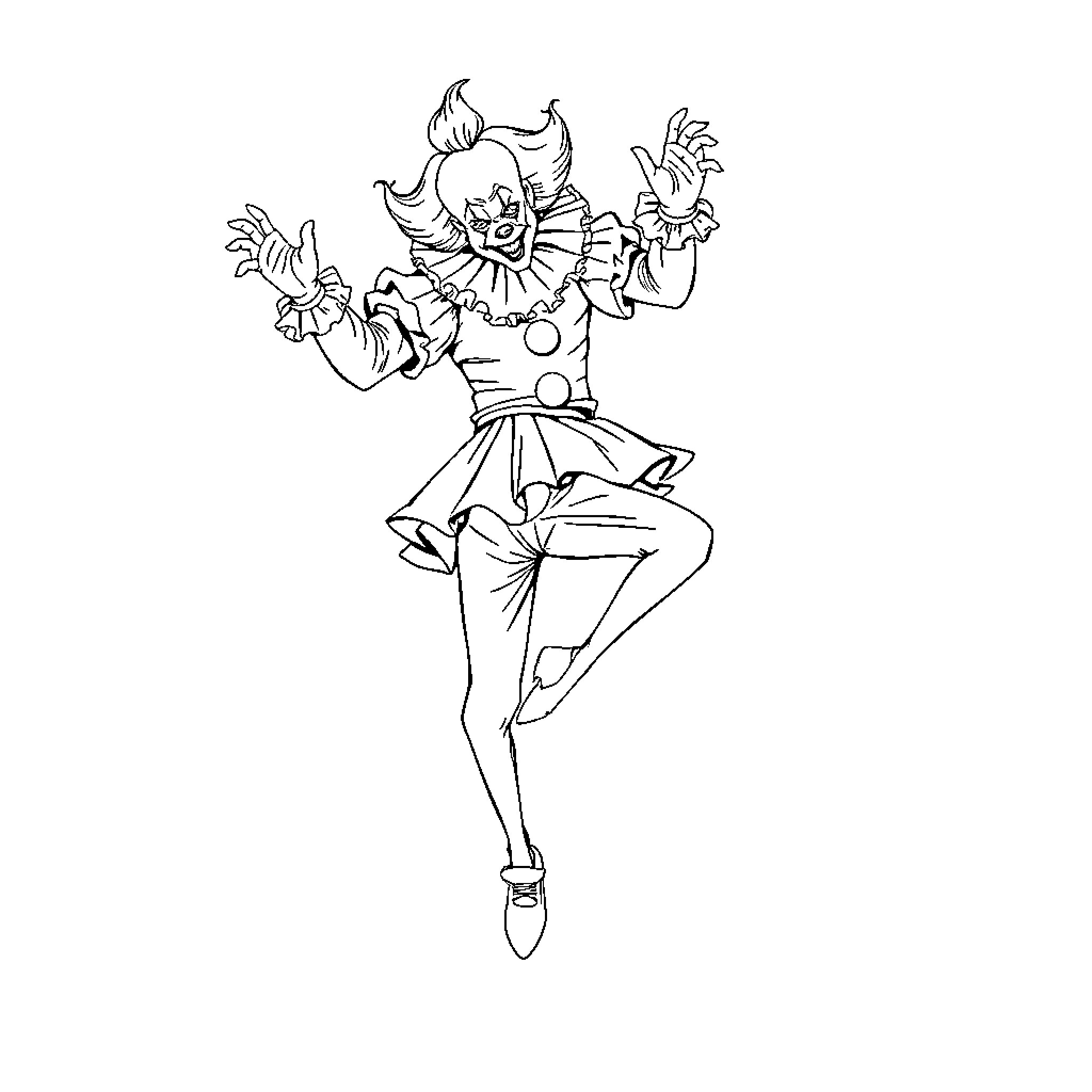 Pennywise the Clown Performing Theatrical Moves Coloring Page (free black-and-white line drawing printable PDF for all, from beginners to advanced learners, including children, teens, adults, and seniors)