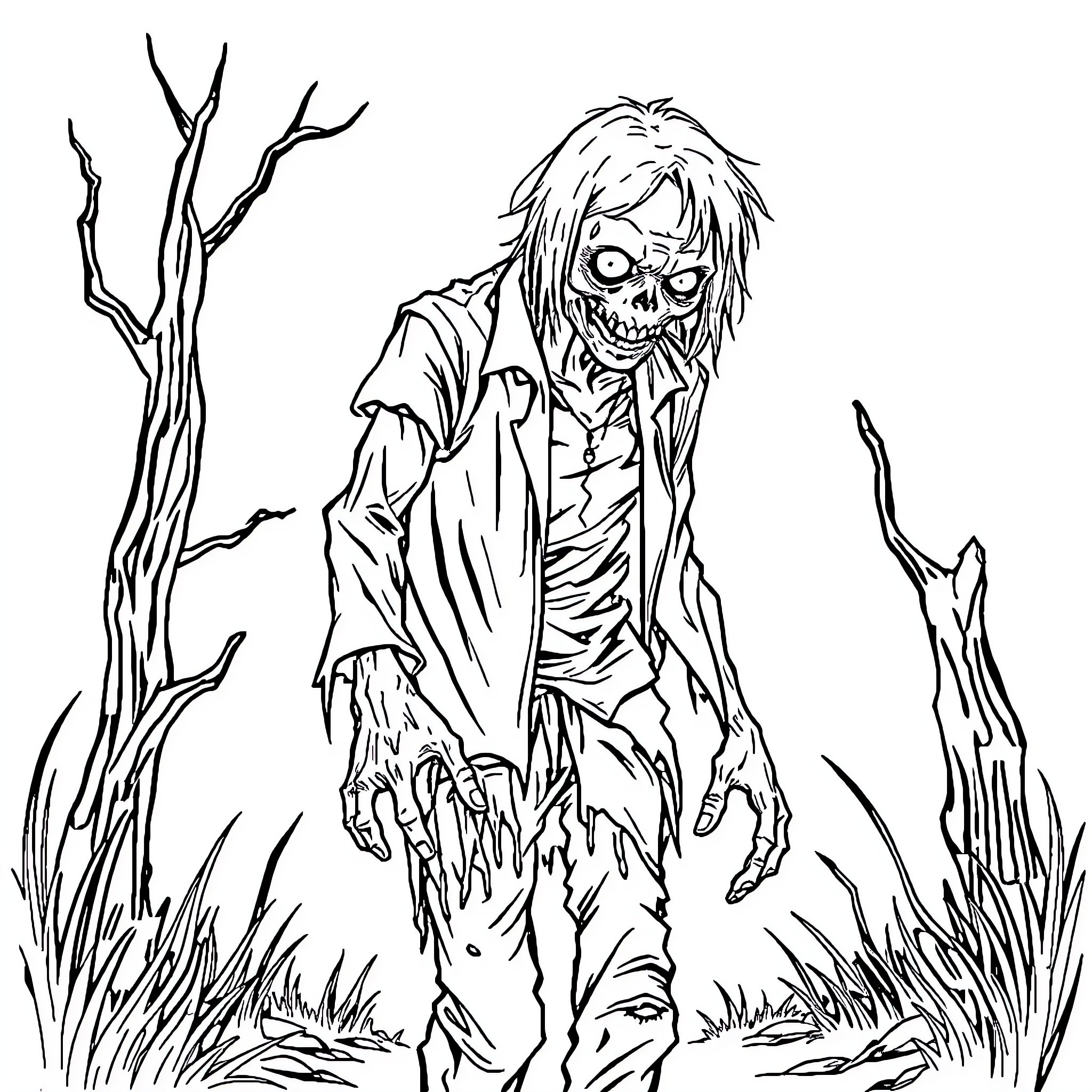 Zombie emerging from the underbrush Coloring Page (free black-and-white line drawing printable PDF for all, from beginners to advanced learners, including children, teens, adults, and seniors)